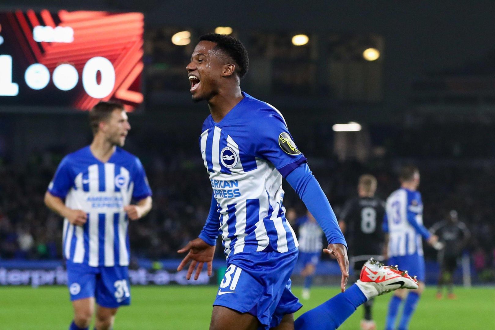 BRIGHTON, ENGLAND - OCTOBER 26: Barcelona loanee Ansu Fati who is currently playing for Brighton & Hove Albion FC on a season long loan celebrates after scoring his team's second goal during the UEFA Europa League 2023/24 match between Brighton & Hove Albion and AFC Ajax at American Express Community Stadium on October 26, 2023 in Brighton, England.