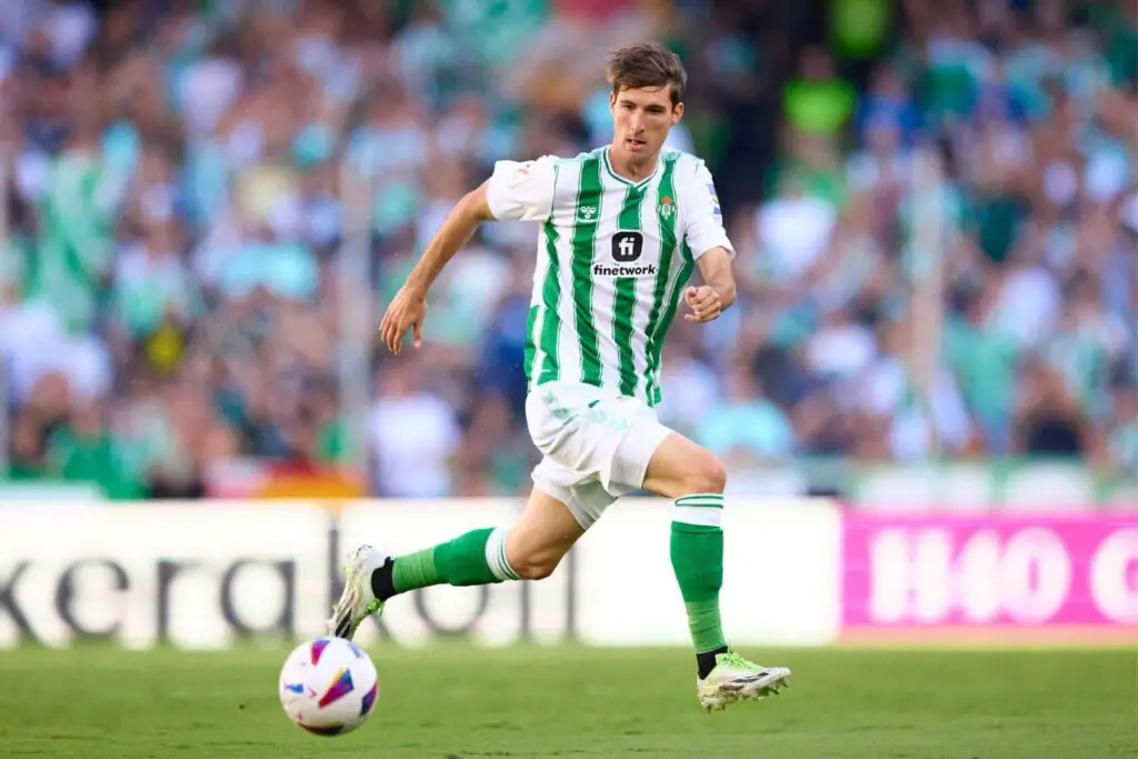 SEVILLE, SPAIN - SEPTEMBER 24: Juan Miranda of Real Betis ( Former Barcelona player ) in action during the LaLiga EA Sports match between Real Betis and Cadiz CF at Estadio Benito Villamarin on September 24, 2023 in Seville, Spain.