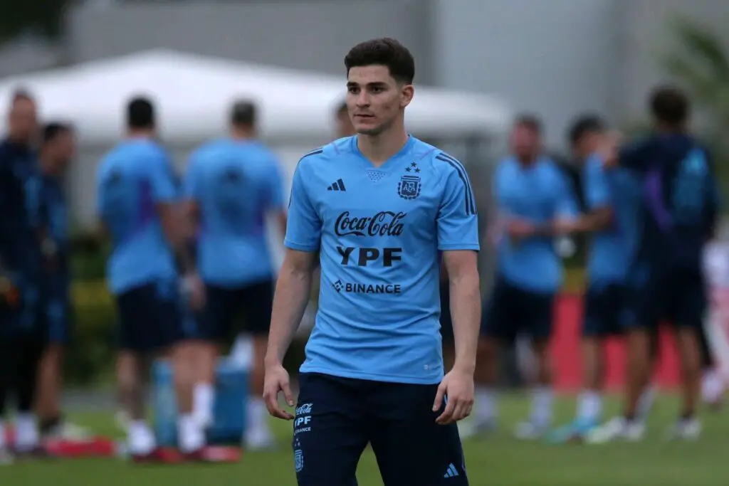 EZEIZA, ARGENTINA - MARCH 22: Julian Alvarez of Argentina in action during a training session at Julio H. Grondona Training Camp on March 22, 2023 in Ezeiza, Argentina.