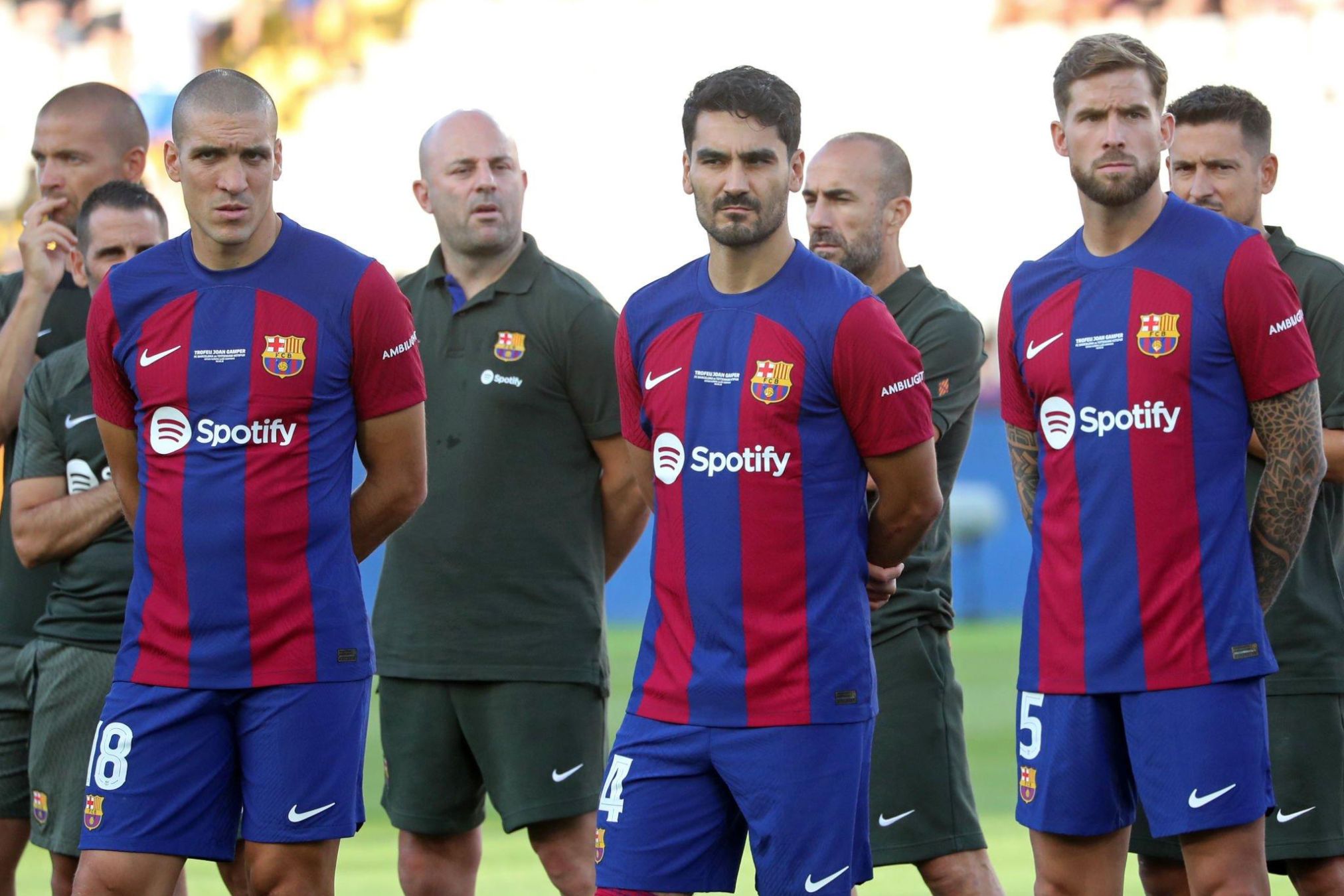 Oriol Romeu, Inigo Martinez and Ilkay Gundogan during the presentation of the FC Barcelona 2023-24 squad, at the Olympic Stadium Lluis Companys, in Barcelona, on 08th August 2023.