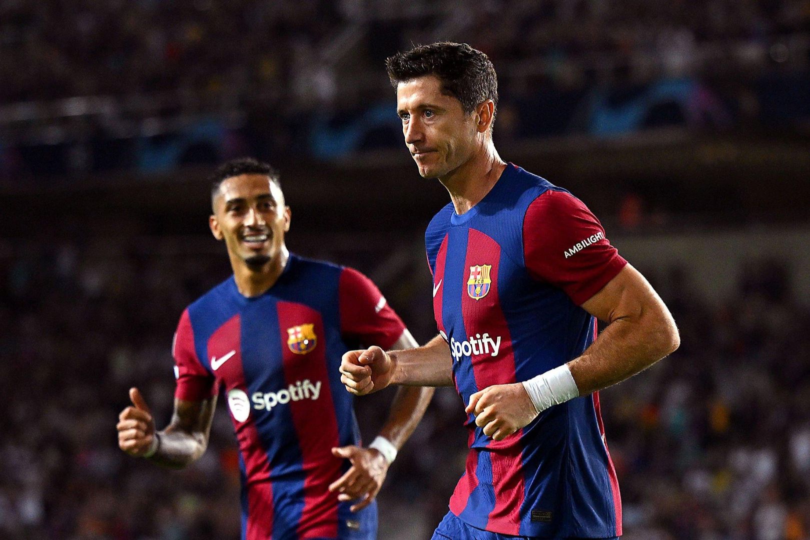 BARCELONA, SPAIN - SEPTEMBER 19: Robert Lewandowski of Barcelona celebrates after scoring the team's second goal during the UEFA Champions League Group H match between FC Barcelona and Royal Antwerp at Estadi Olimpic Lluis Companys on September 19, 2023 in Barcelona, Spain.