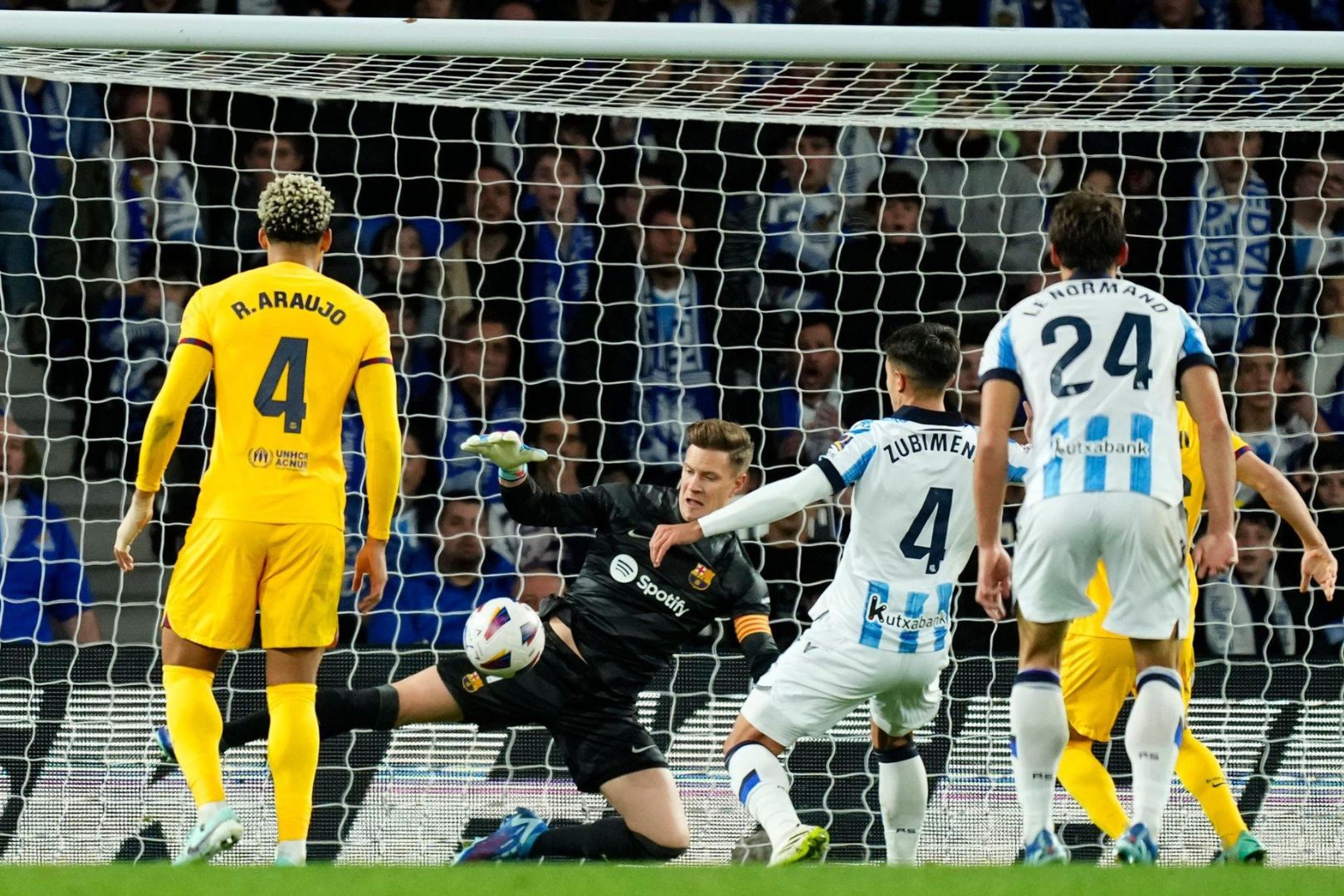 Marc-Andre ter Stegen goalkeeper of Barcelona and Germany makes a save during the LaLiga EA Sports match between Real Sociedad and FC Barcelona at Reale Arena on November 4, 2023 in San Sebastian, Spain.
