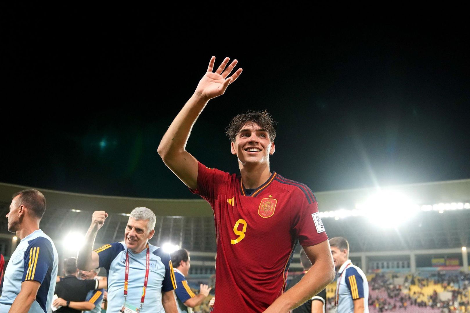 SURAKARTA, INDONESIA - NOVEMBER 20: Marc Guiu of Barcelona celebrates victory following the FIFA U-17 World Cup Round 16 match between Spain and Japan at Manahan Stadium on November 20, 2023 in Surakarta, Indonesia.