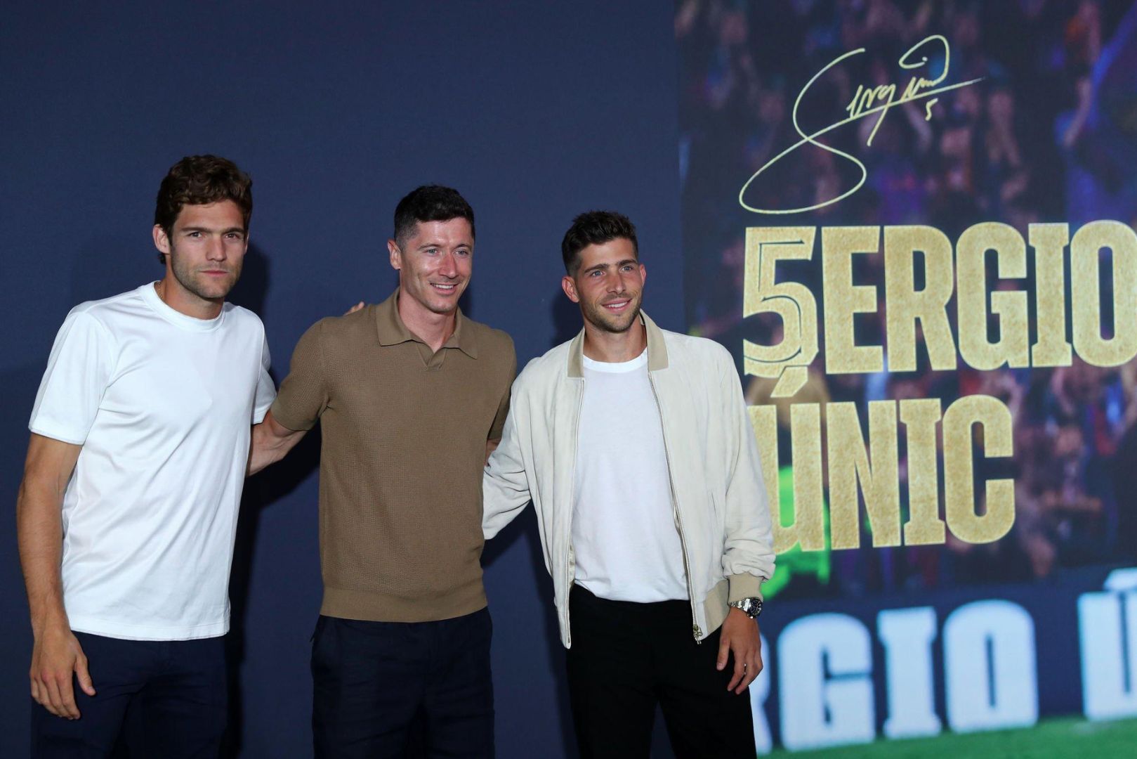 Marcos Alonso, Robert Lewandowski and Sergi Roberto during the farewell ceremony for Sergio Busquets after having played 722 games during the 15 seasons he has played for FC Barcelona, in Barcelona, on 31th May 2023.