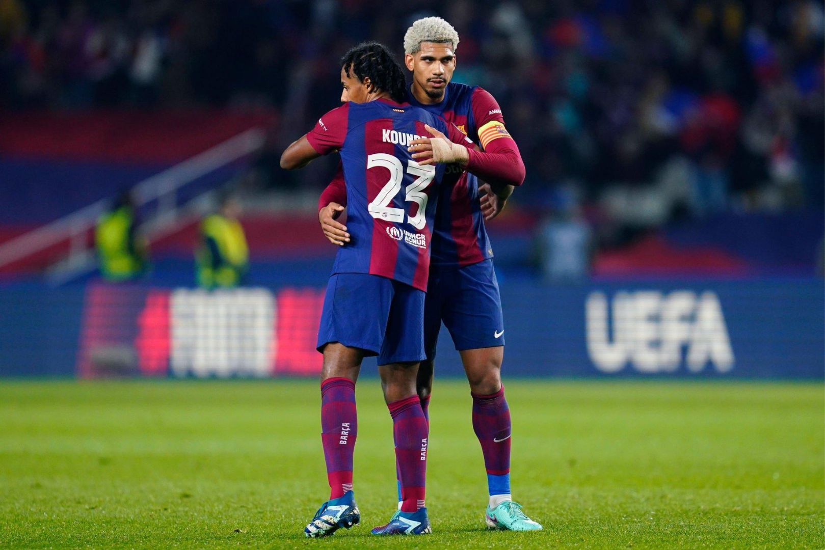 Ronald Araujo with Jules Kounde of FC Barcelona during the UEFA Champions League match, Group H, between FC Barcelona and FC Porto played at Lluis Companys Stadium on November 28, 2023 in Barcelona, Spain.