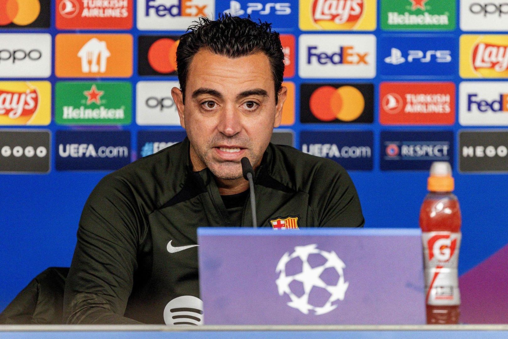 Barcelona's Spanish coach Xavi addresses a press conference in Hamburg, northern Germany on November 6, 2023, on the eve of the UEFA Champions League Group H football match against FC Shakhtar Donetsk.