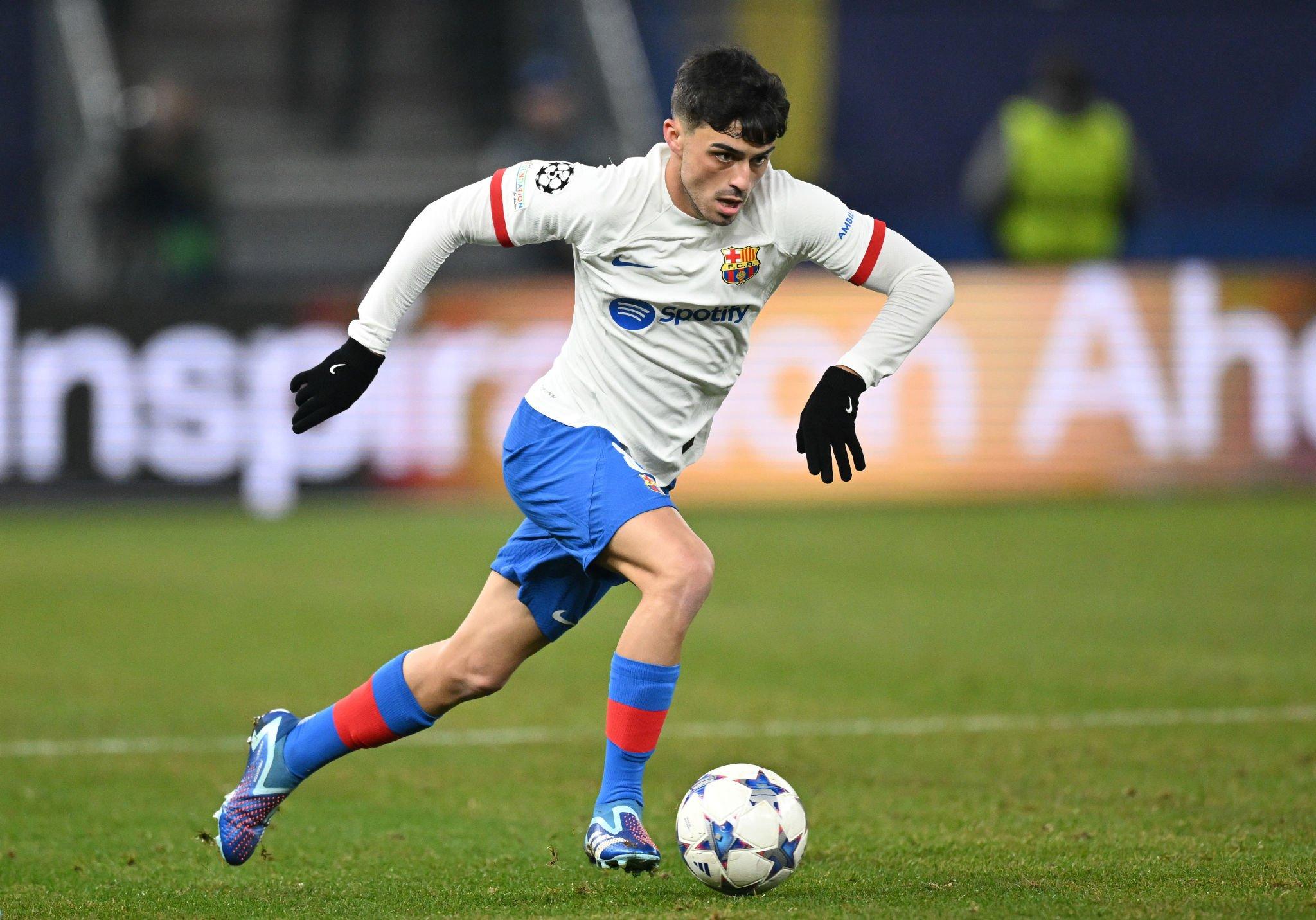HAMBURG, GERMANY - NOVEMBER 07: Pedri of Barcelona in action during the UEFA Champions League match between FC Shakhtar Donetsk and FC Barcelona at Volksparkstadion on November 07, 2023 in Hamburg, Germany.