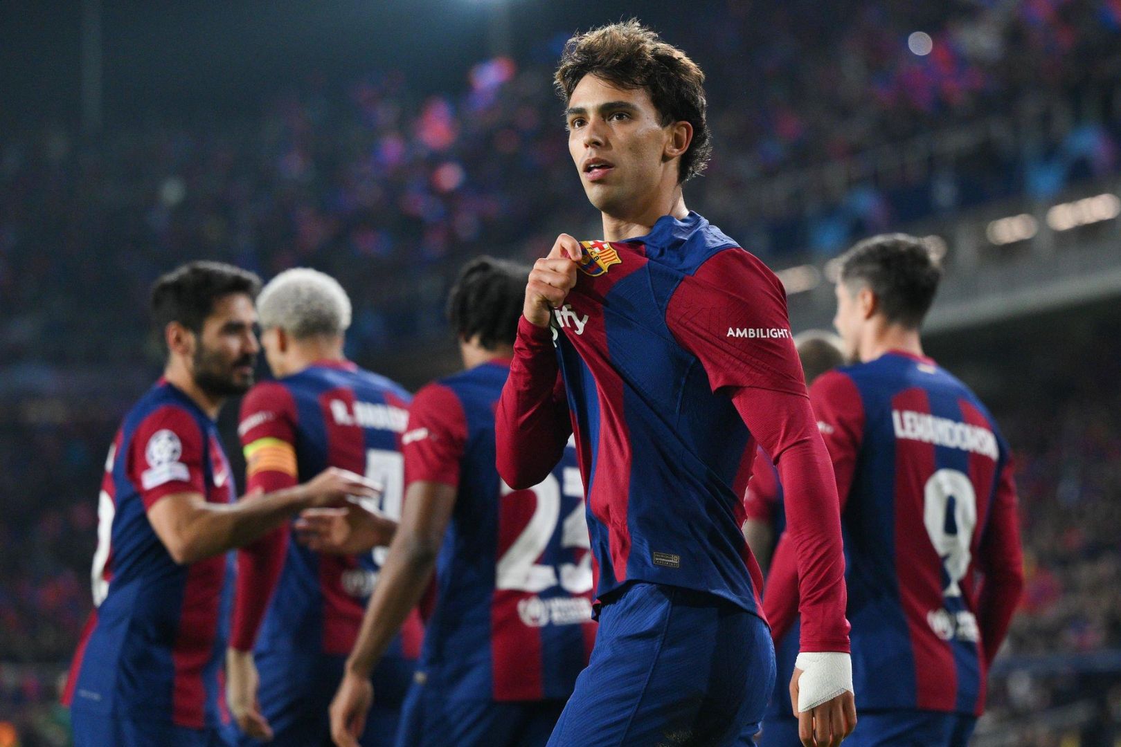 BARCELONA, SPAIN - NOVEMBER 28: Joao Felix of FC Barcelona celebrates their team's second goal during the UEFA Champions League match between FC Barcelona and FC Porto at Estadi Olimpic Lluis Companys on November 28, 2023 in Barcelona, Spain.
