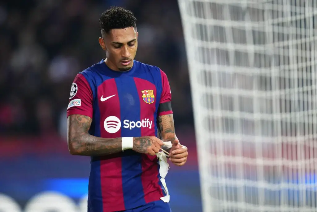 Raphael Dias Belloli Raphinha of FC Barcelona during the UEFA Champions League match, Group H, between FC Barcelona and FC Porto played at Lluis Companys Stadium on November 28, 2023 in Barcelona, Spain.
