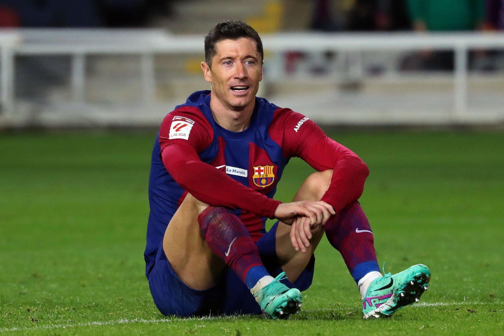 Robert Lewandowski is playing in the match between FC Barcelona and Girona FC for week 16 of LaLiga EA Sports at the Olympic Stadium Lluis Companys in Barcelona, Spain, on December 10, 2023.