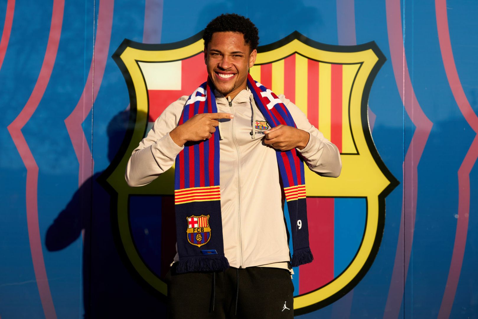 BARCELONA, SPAIN - DECEMBER 27: Vitor Roque poses for the media as he is unveiled as new FC Barcelona player at Spotify Camp Nou on December 27, 2023 in Barcelona, Spain.