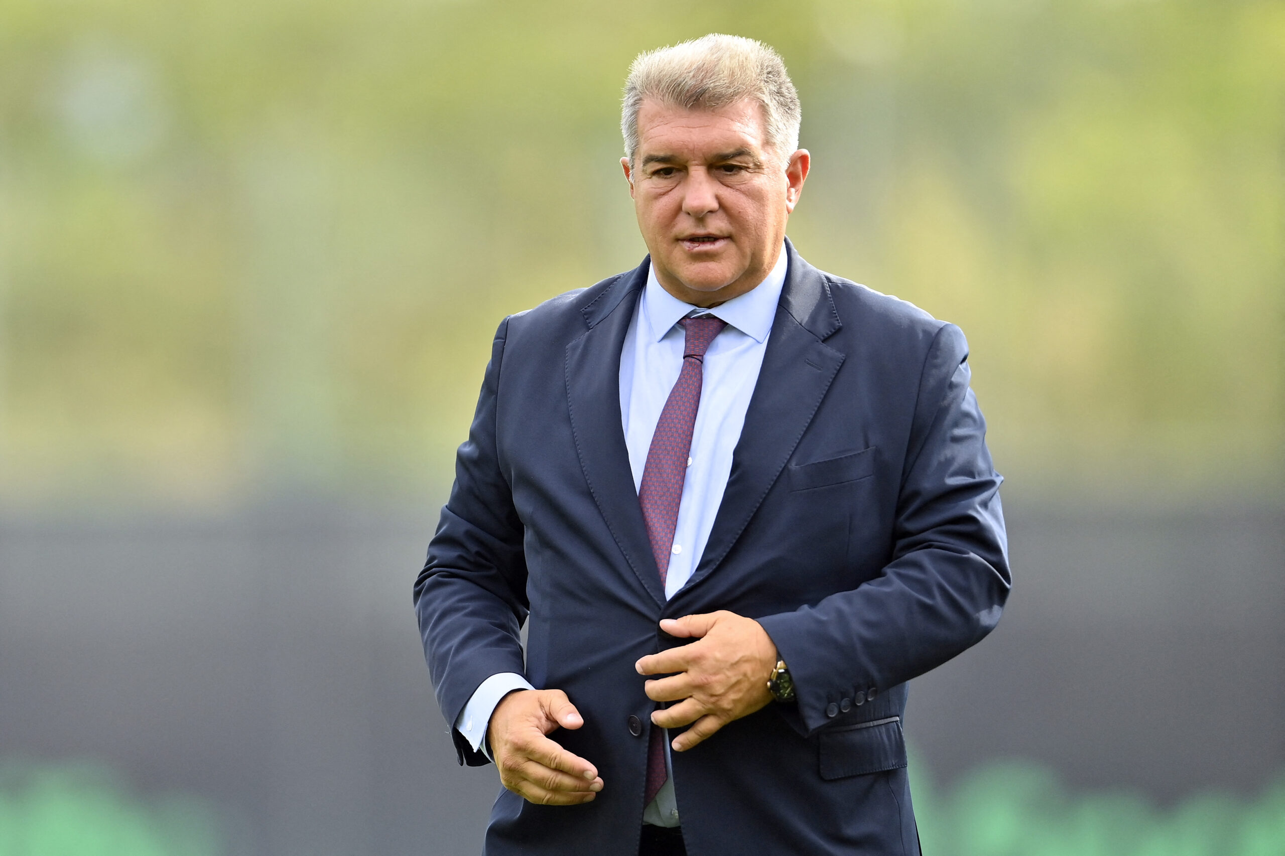 FC Barcelona President Joan Laporta is pictured at the Joan Gamper training ground in Sant Joan Despi, near Barcelona, on September 2, 2023. Barcelona signed Atletico Madrid forward Joao Felix and Manchester City defender Joao Cancelo on loan until the end of the season.