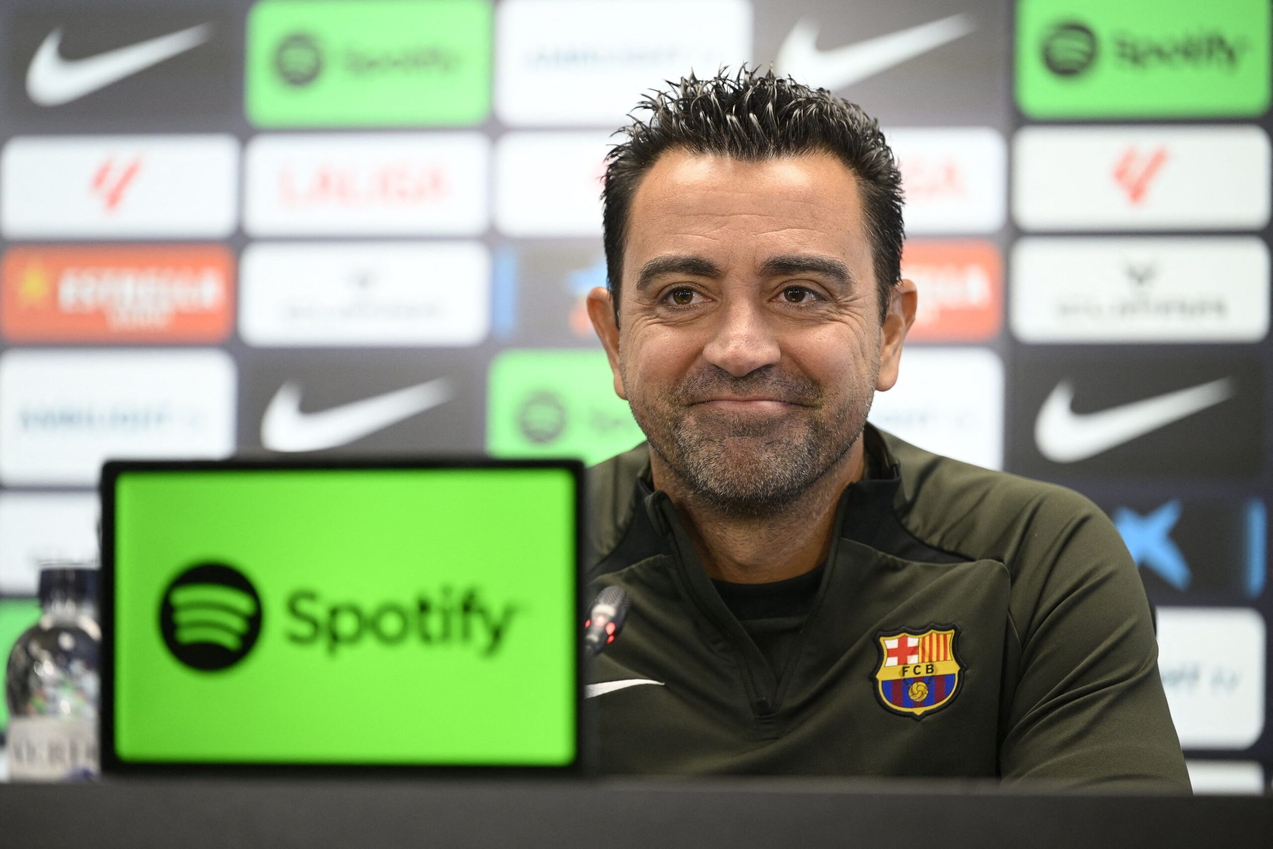 Barcelona's Spanish coach Xavi addresses a press conference in Barcelona on October 27, 2023, on the eve of the Spanish league football match against Real Madrid.