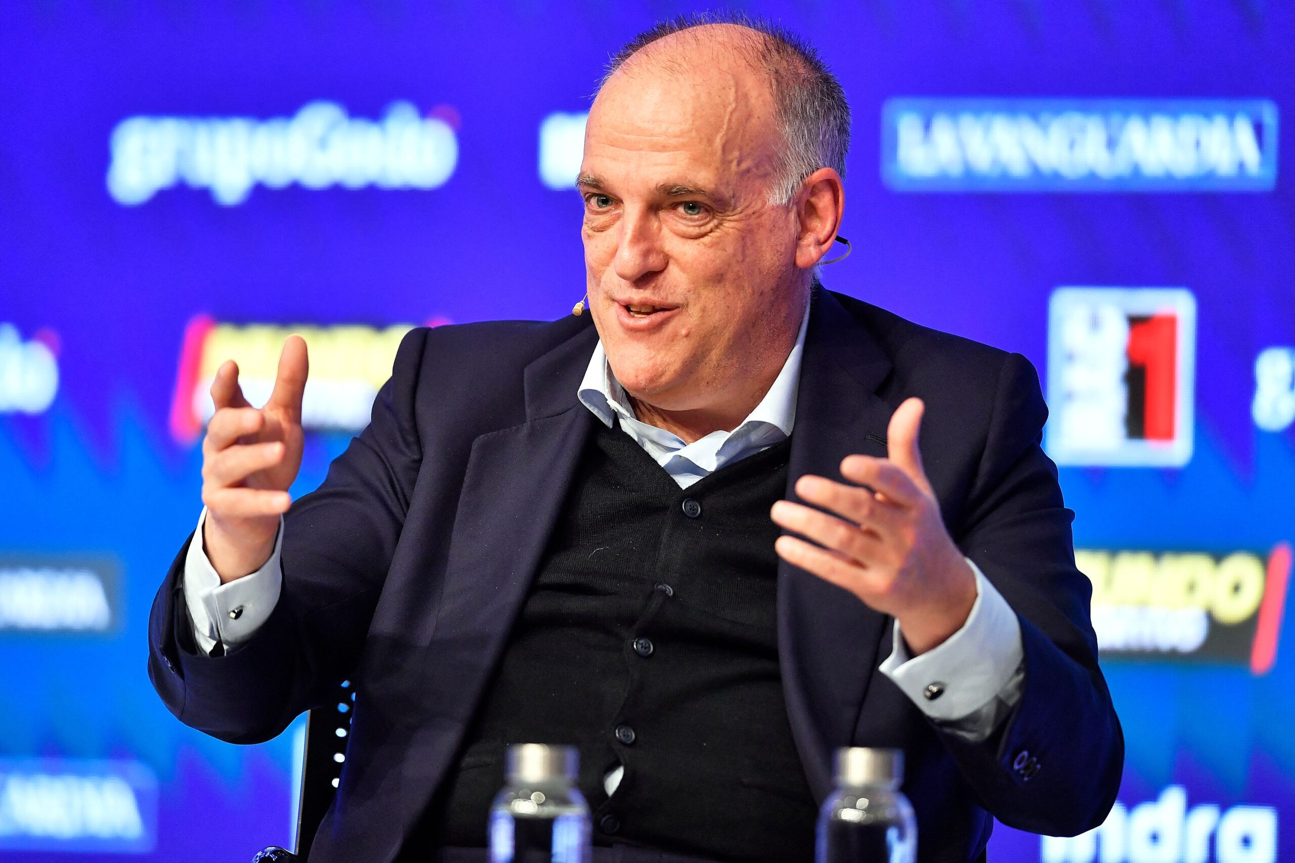 The president of the Spanish football league 'La Liga', Javier Tebas, speaks as he takes part in the forum Defense of the European Football Ecosystem, organized by La Vanguardia journal, on March 16, 2023 in Barcelona.
