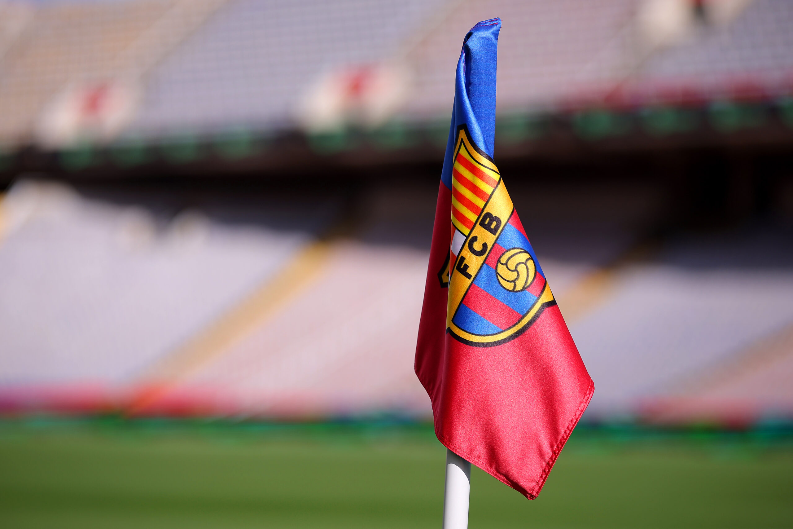 BARCELONA, SPAIN - OCTOBER 28: A detailed view of the corner flag prior to the LaLiga EA Sports match between FC Barcelona and Real Madrid CF at Estadi Olimpic Lluis Companys on October 28, 2023 in Barcelona, Spain.