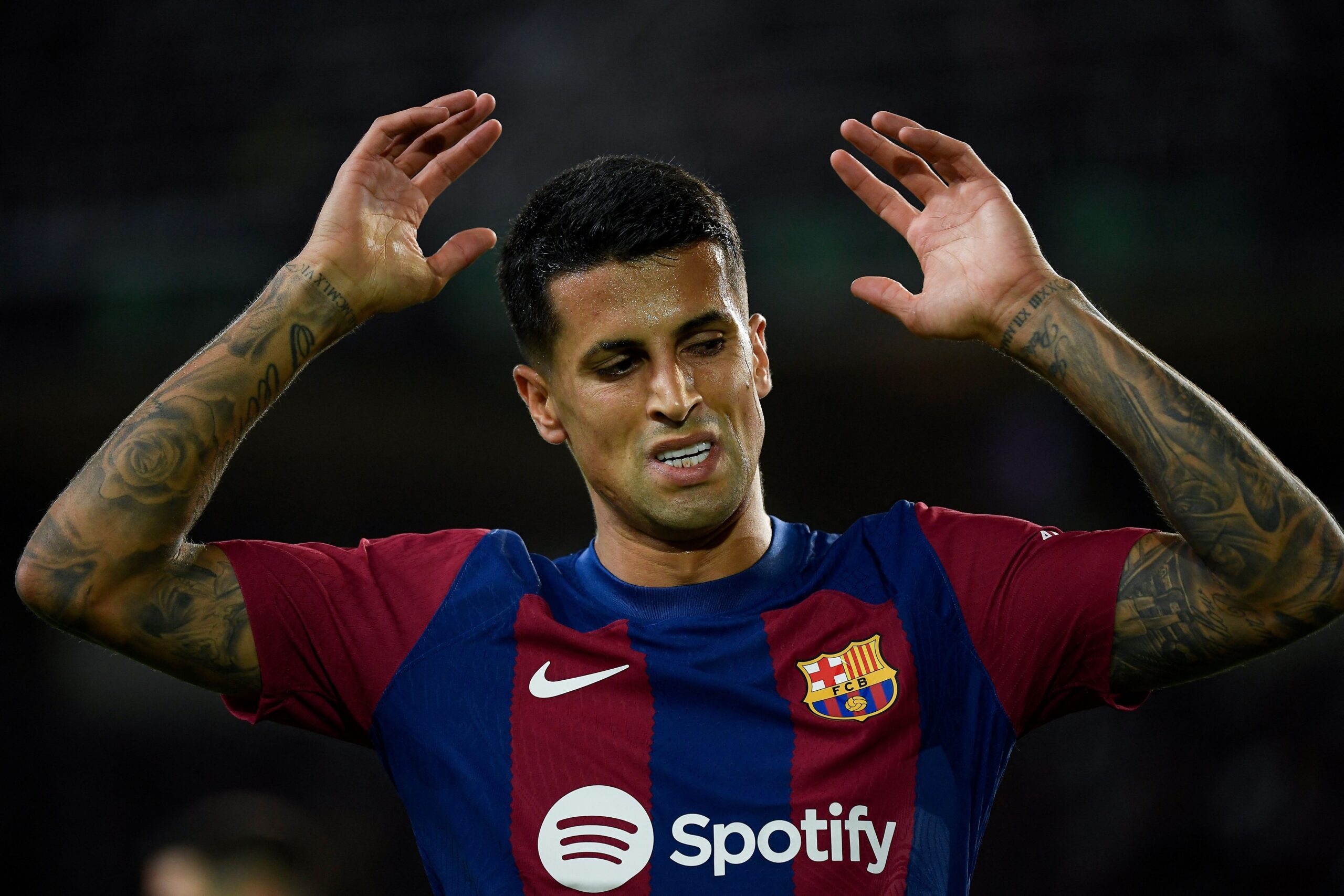 Barcelona's Portuguese defender #02 Joao Cancelo reacts during the Spanish league football match between FC Barcelona and Athletic Club Bilbao at the Estadi Olimpic Lluis Companys in Barcelona on October 22, 2023.