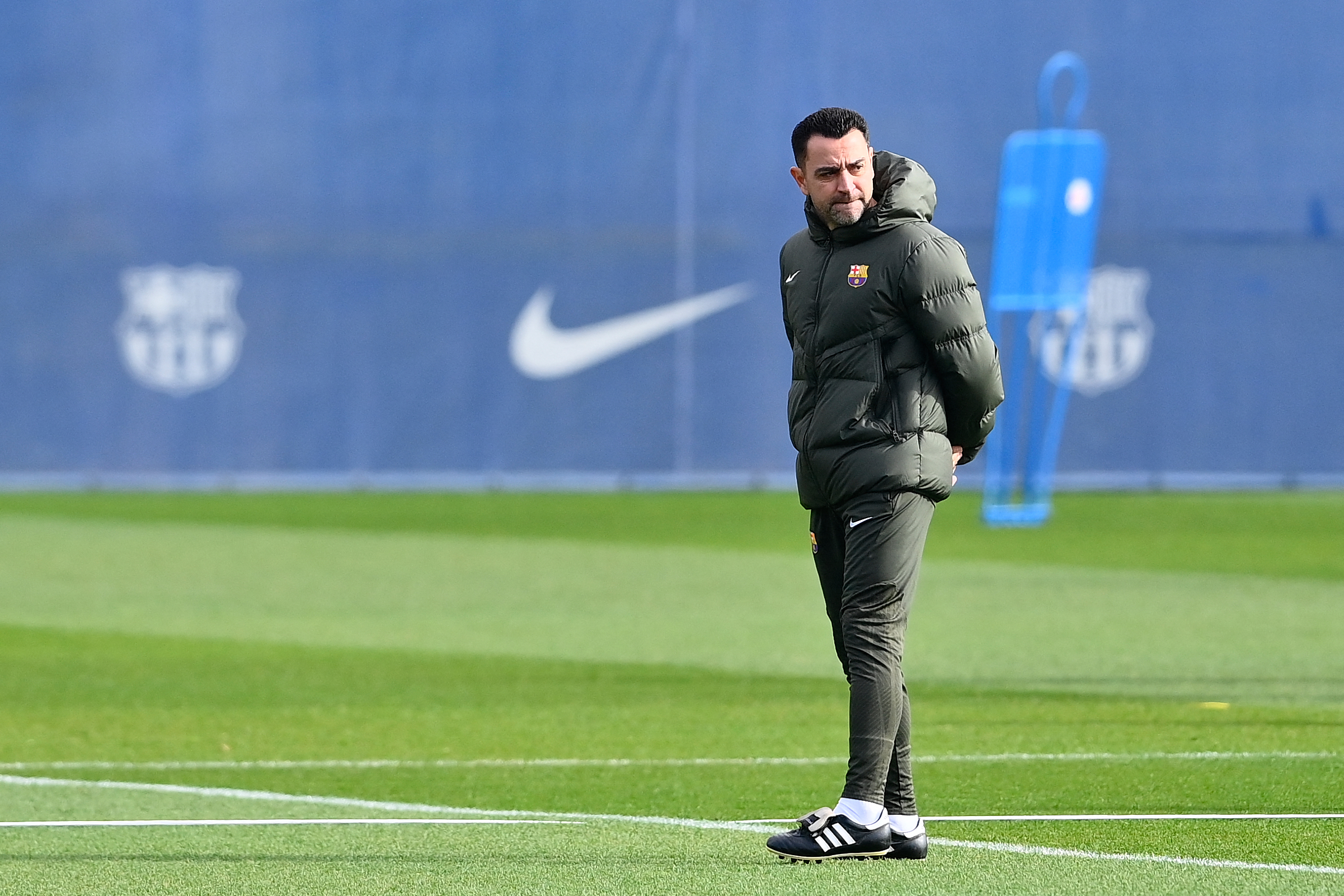 Barcelona's Spanish coach Xavi attends a training session at the Joan Gamper training ground in Sant Joan Despi, near Barcelona, on January 30, 2024.