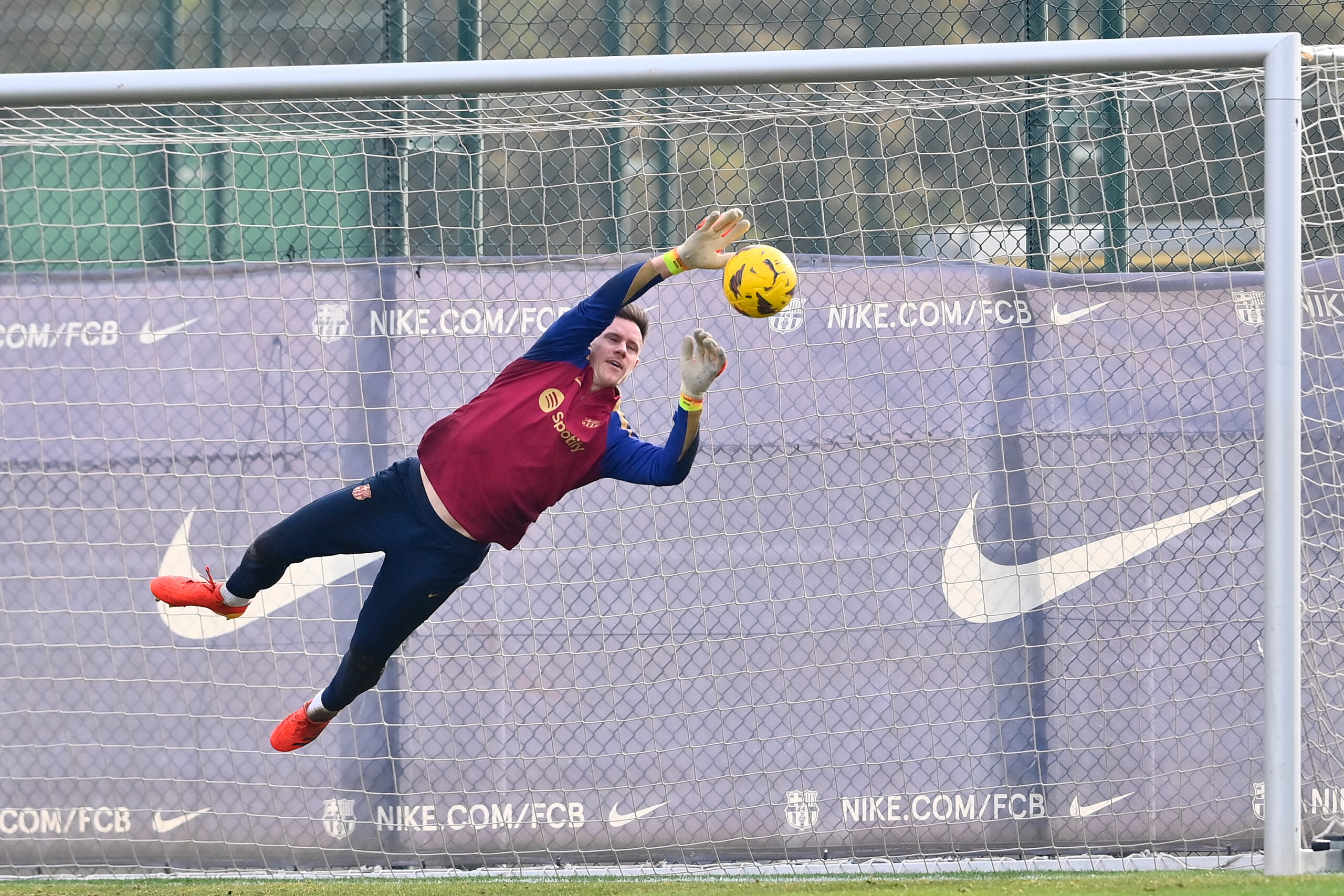 Barcelona's German goalkeeper #01 Marc-Andre ter Stegen attends a training session at the Joan Gamper training ground in Sant Joan Despi, near Barcelona, on January 30, 2024. Only a few months after lifting the Spanish title, Barcelona coach Xavi Hernandez dramatically announced he would walk away from the club at the end of the season. After Villarreal stunned Barcelona on January 28 with a 5-3 win which left the champions third, and 10 points behind La Liga leaders Real Madrid, Xavi said he was stepping down in June.