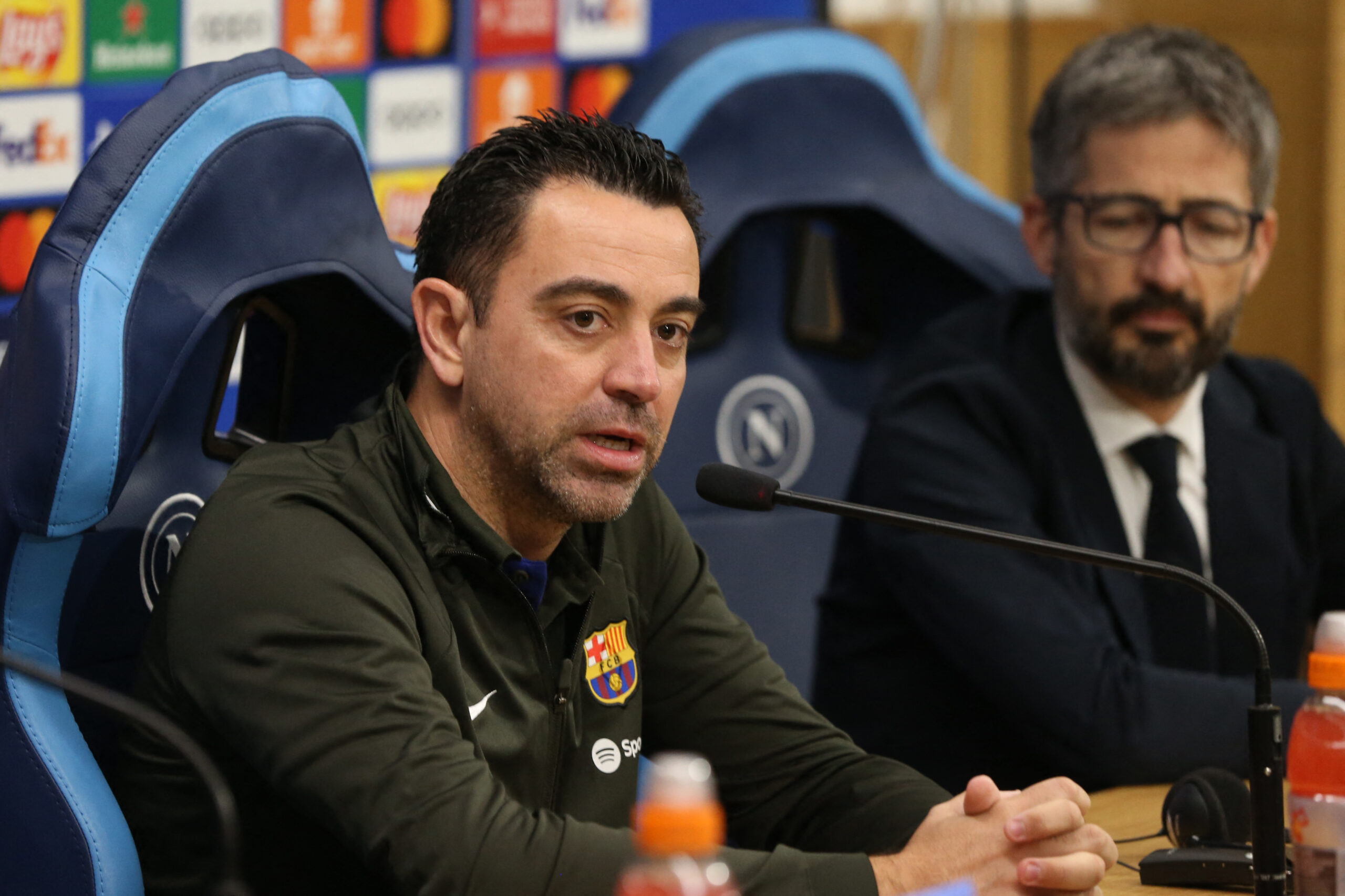 Barcelona's Spanish coach Xavi attends a press conference on the eve of the UEFA Champions League last 16 first leg football match between Napoli and Barcelona at the Diego Armando Maradona stadium on February 20, 2024.
