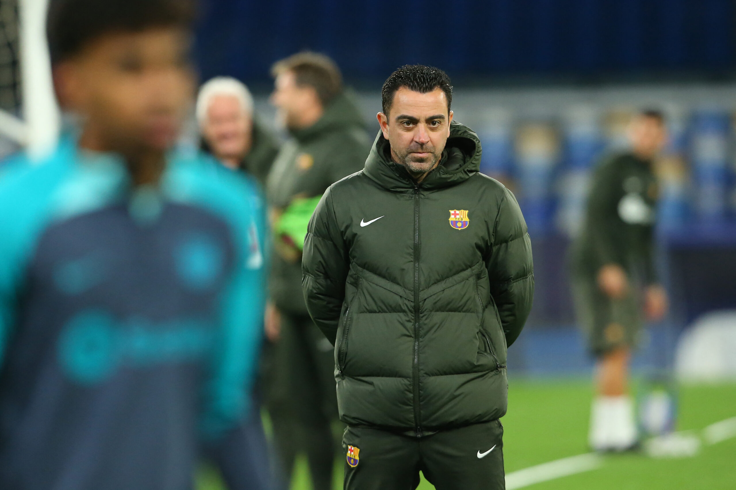 Barcelona's Spanish coach Xavi attends a training session with teammates on the eve of the UEFA Champions League last 16 first leg football match between Napoli and Barcelona at the Diego Armando Maradona stadium on February 20, 2024.