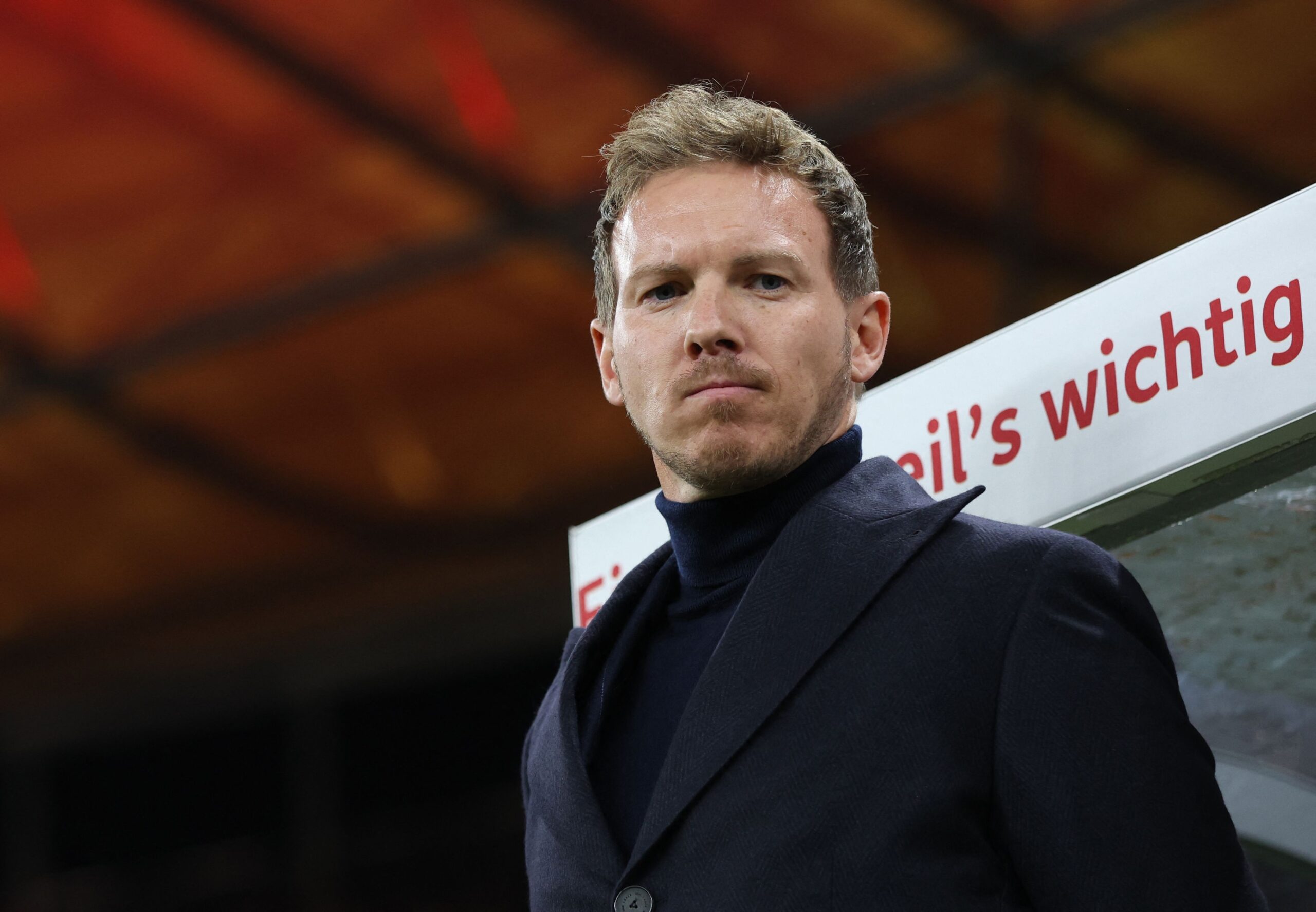 Germany's head coach Julian Nagelsmann looks on during the international friendly football match between Germany and Turkey at the Olympic Stadium in Berlin on November 18, 2023, in preparation for the UEFA Euro 2024 in Germany.