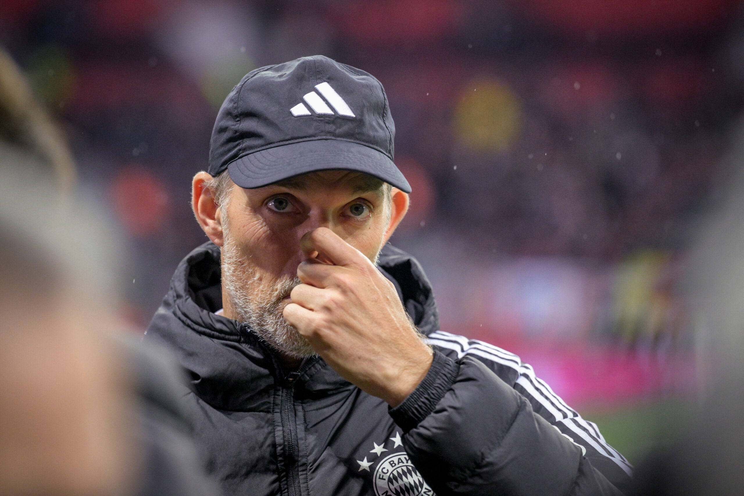 Bayern Munich's German head coach Thomas Tuchel reacts during an interview prior to the German first division Bundesliga football match between Bayer 04 Leverkusen and FC Bayern Munich in Leverkusen, western Germany on February 10, 2024.