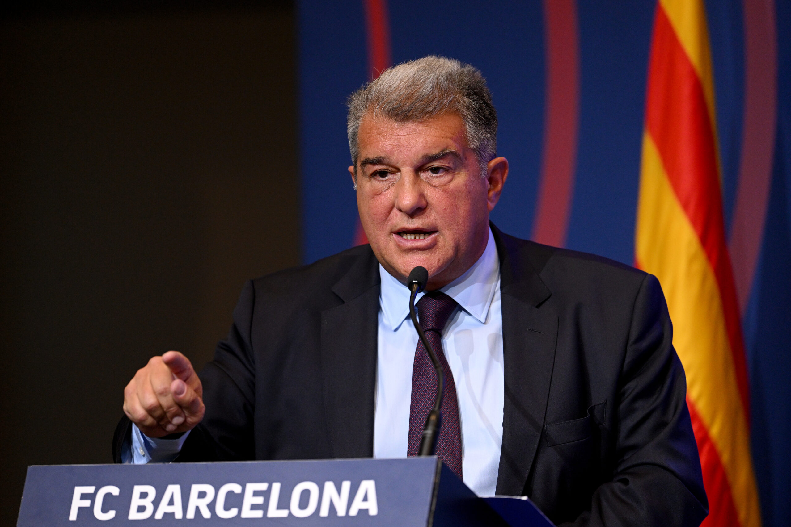 BARCELONA, SPAIN - APRIL 17: FC Barcelona President Joan Laporta gives a press conference in response to recent allegations over payments made to referees by the club, at Spotify Camp Nou on April 17, 2023 in Barcelona, Spain. UEFA and Spanish authorities are investigating Barcelona over the payment of millions of euros to the company of Jose Maria Enriquez Negreira, the former vice-president of Spanish football's refereeing committee. If found guilty, UEFA's investigation could lead to a Champions League ban for the club.