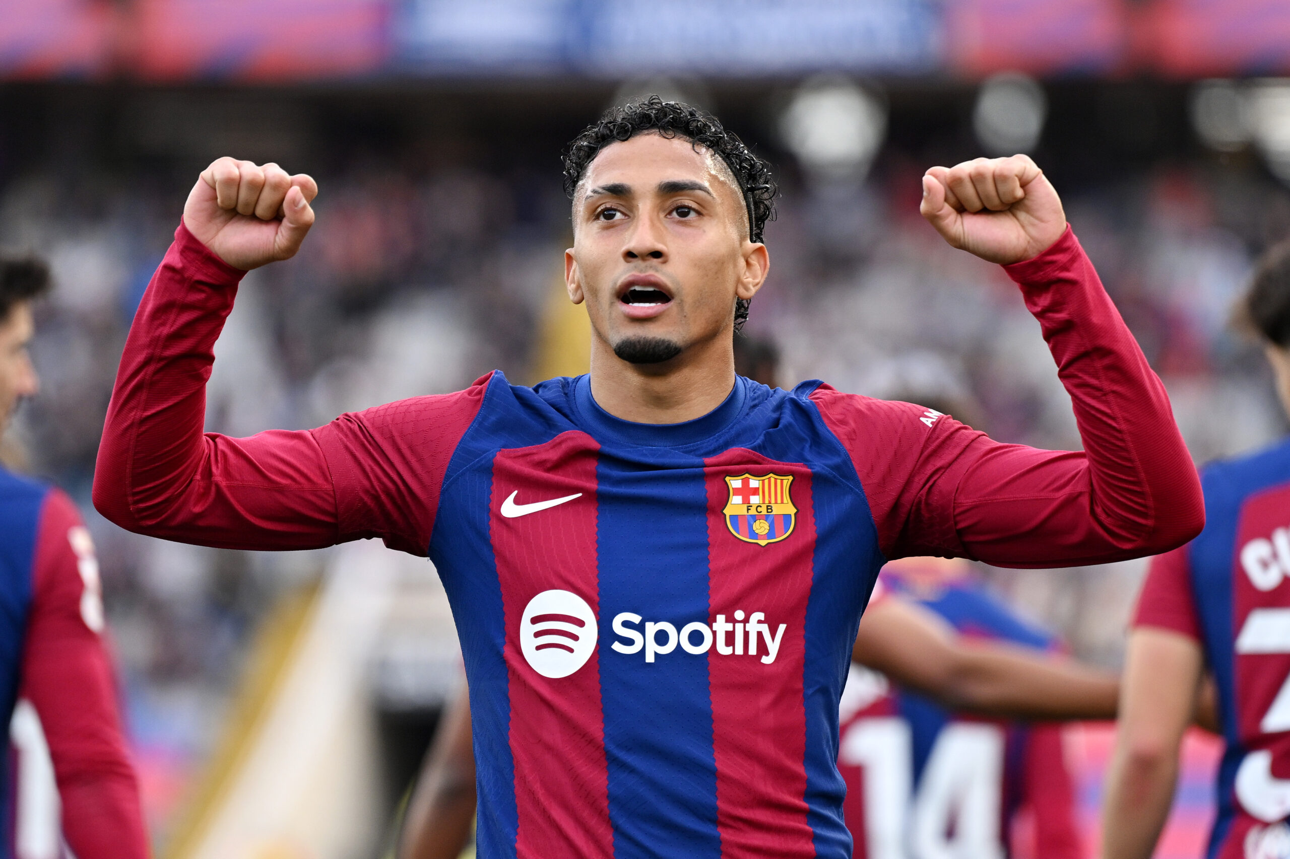 BARCELONA, SPAIN - FEBRUARY 24: Raphinha of FC Barcelona celebrates scoring his team's first goal during the LaLiga EA Sports match between FC Barcelona and Getafe CF at Estadi Olimpic Lluis Companys on February 24, 2024 in Barcelona, Spain.