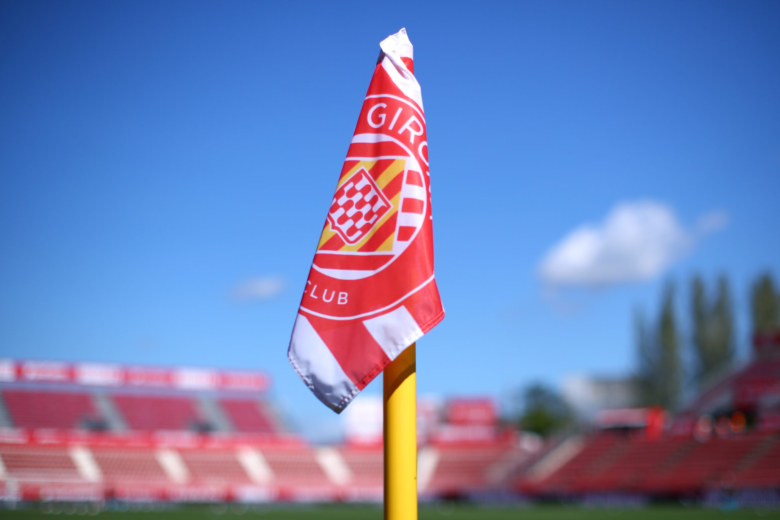 GIRONA, SPAIN - SEPTEMBER 23: A general view of the corner flag prior to the LaLiga EA Sports match between Girona FC and RCD Mallorca at Montilivi Stadium on September 23, 2023 in Girona, Spain.