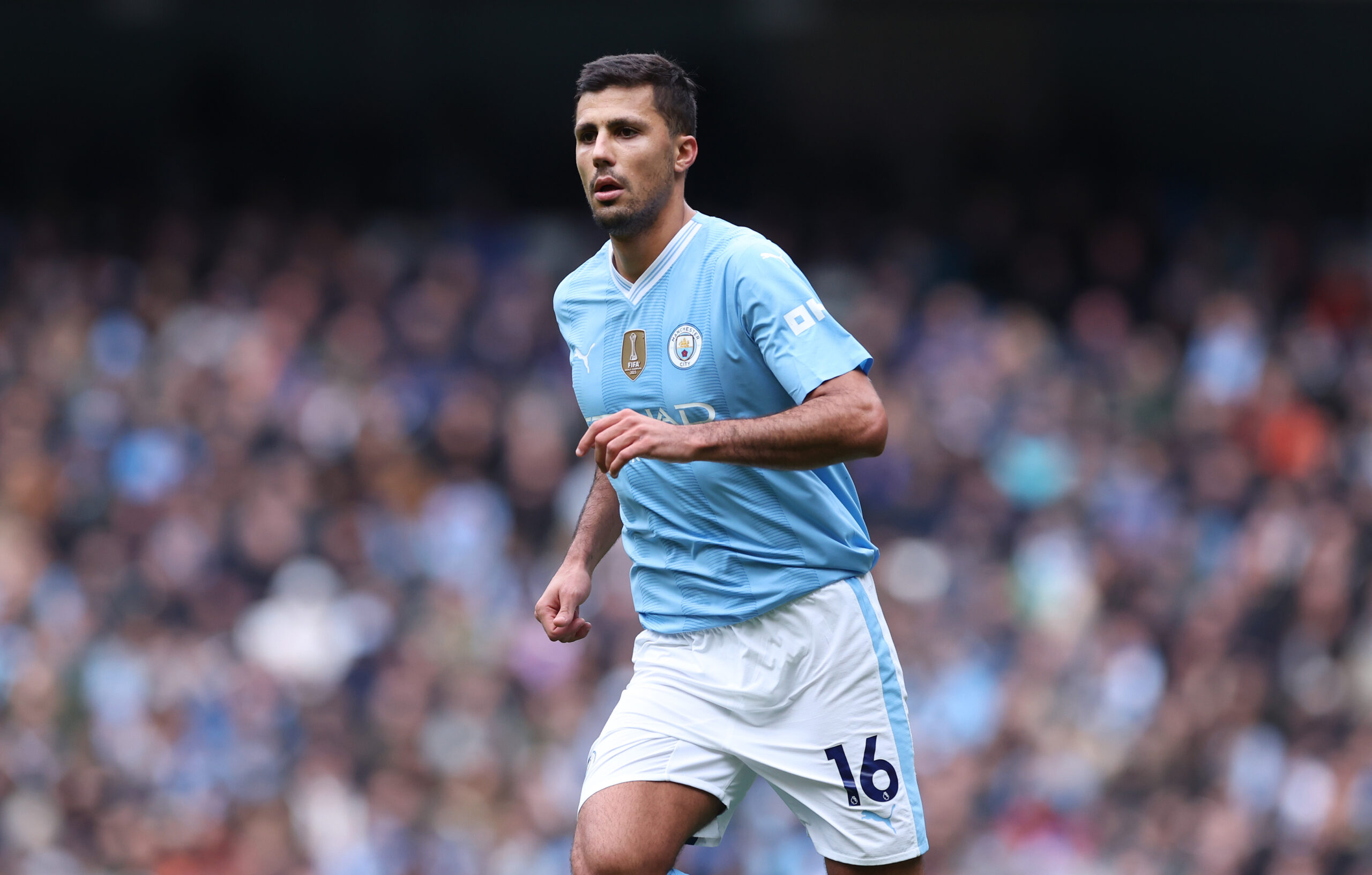 MANCHESTER, ENGLAND - FEBRUARY 10: Rodri of Manchester City during the Premier League match between Manchester City and Everton FC at Etihad Stadium on February 10, 2024 in Manchester, England.