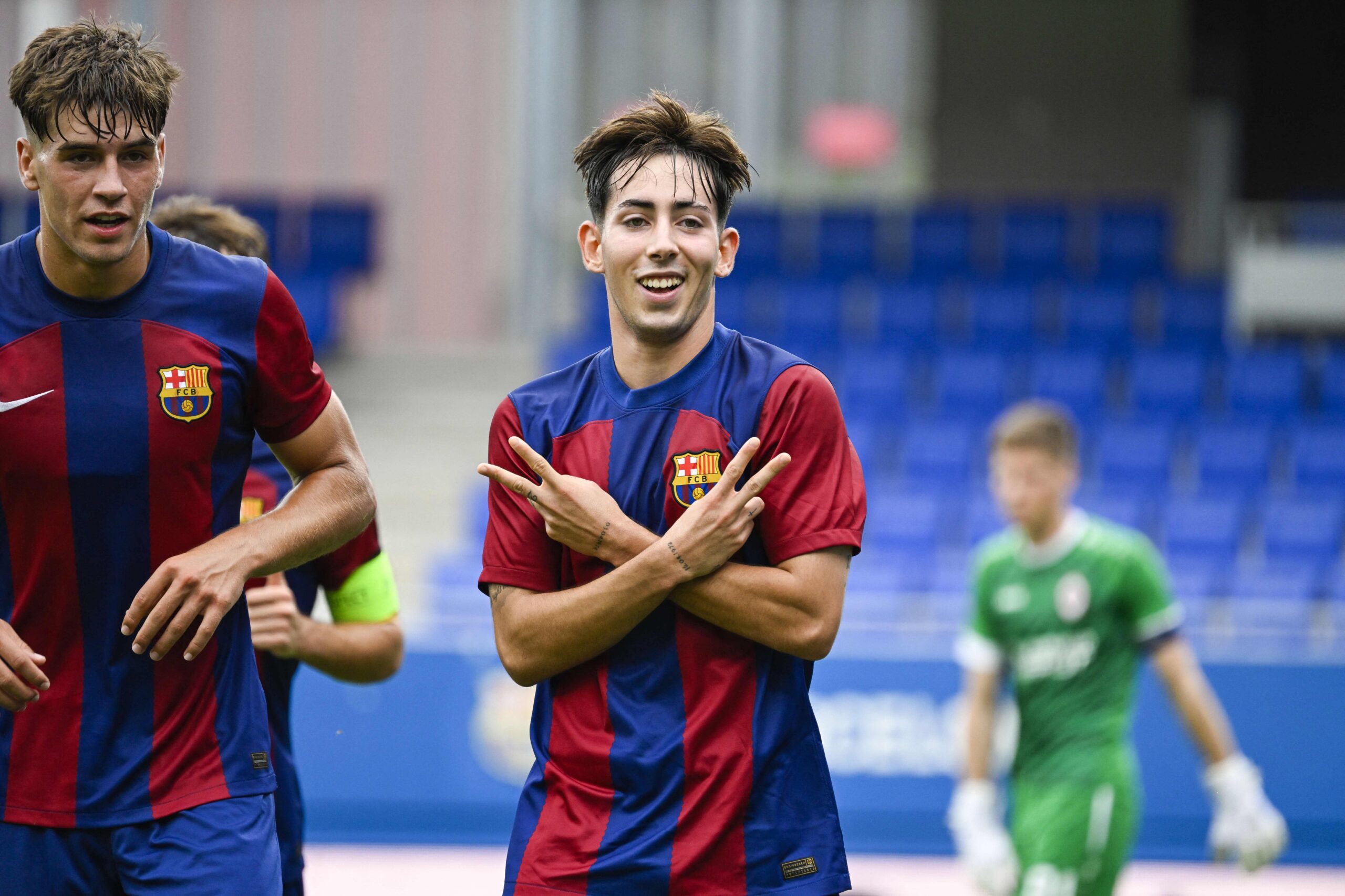 Barcelona's Daniel Dani Rodriguez celebrates after scoring during a soccer game between Spanish FC Barcelona and Belgian Royal Antwerp FC, on Tuesday 19 September 2023 in Barcelona, Spain, on day 1 of the UEFA Youth League competition.