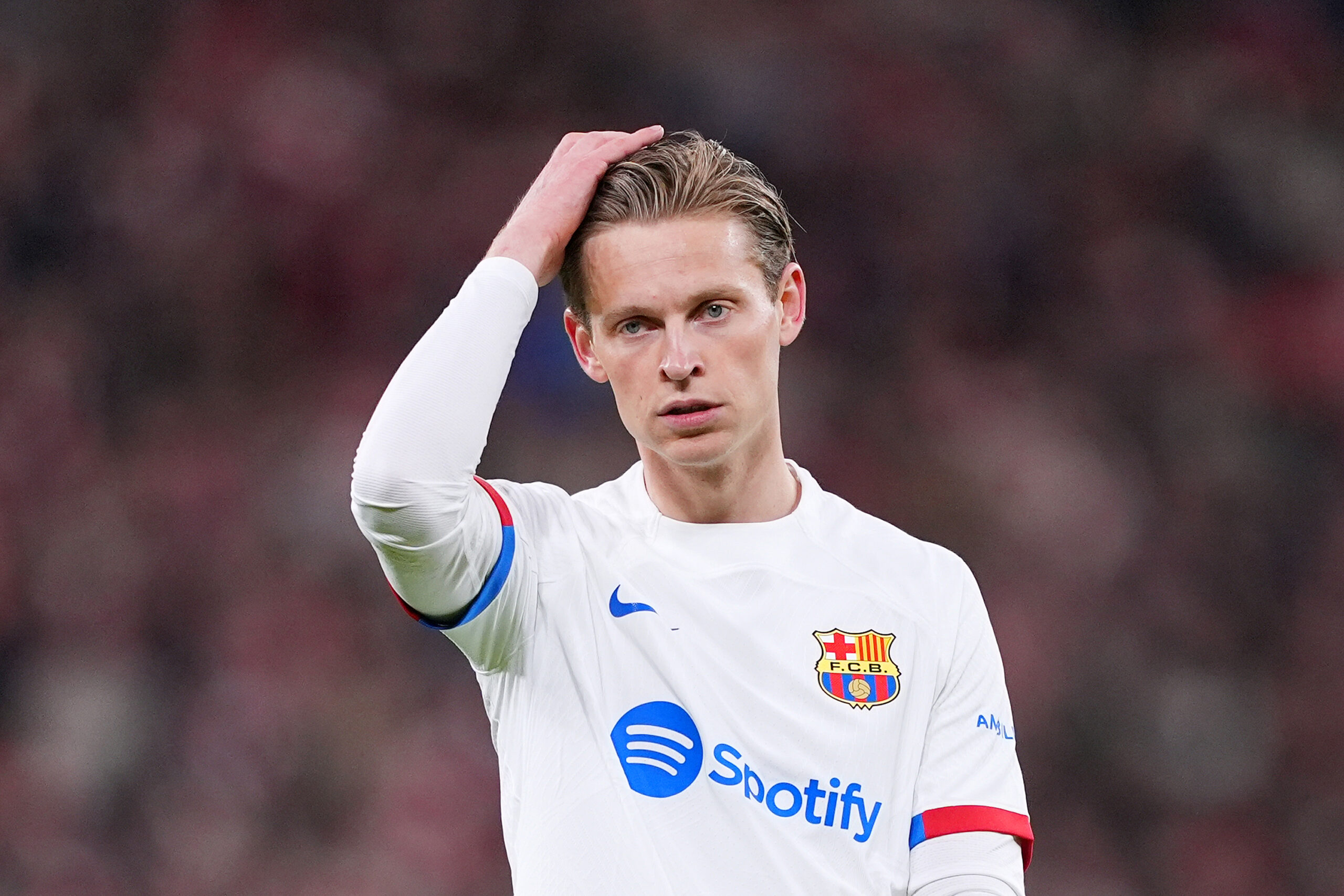 BILBAO, SPAIN - MARCH 03: Frenkie de Jong of FC Barcelona reacts during the LaLiga EA Sports match between Athletic Bilbao and FC Barcelona at Estadio de San Mames on March 03, 2024 in Bilbao, Spain.