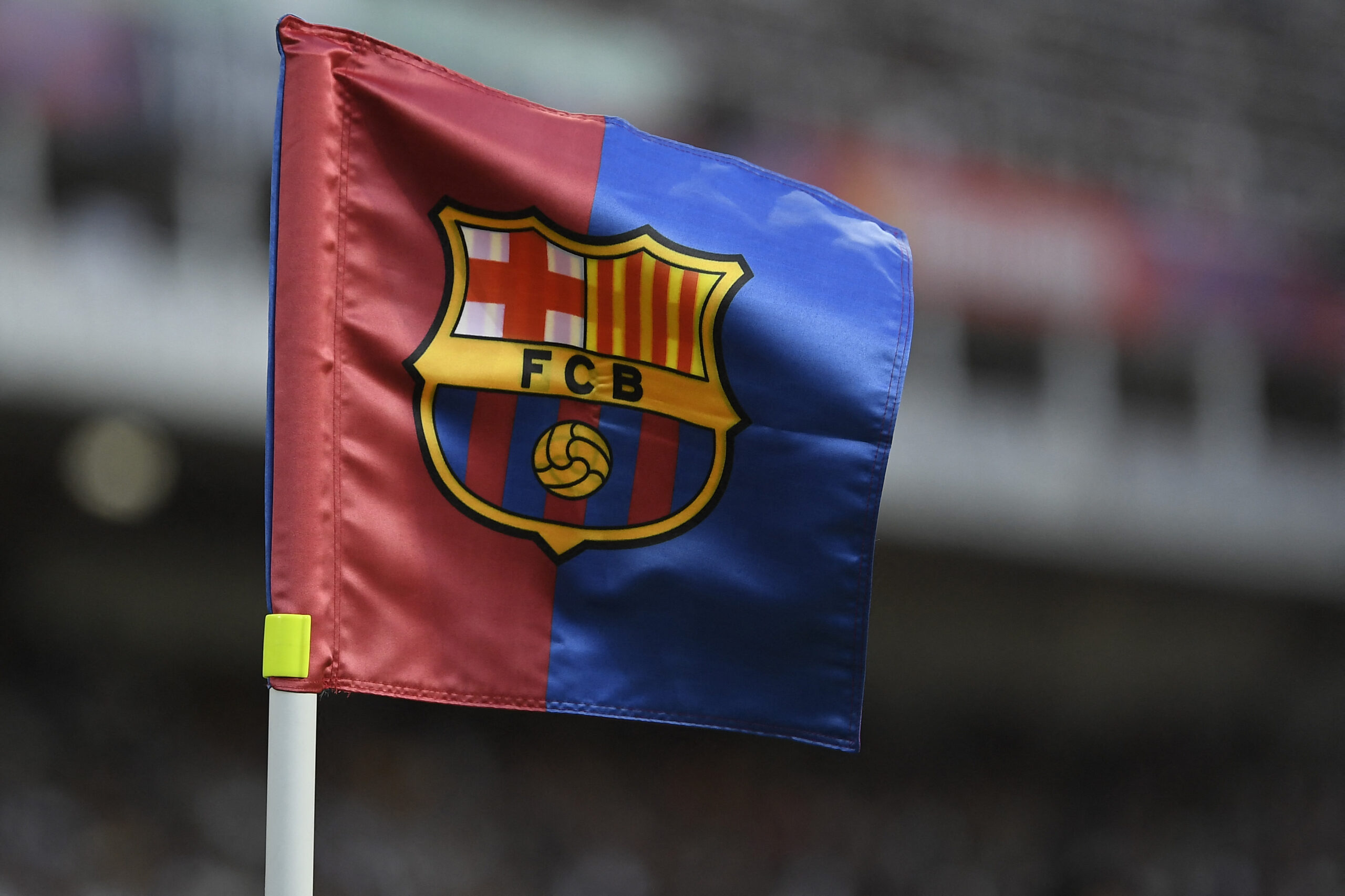 A corner flag with the badge of FC Barcelona flies during the 58th Joan Gamper Trophy football match between FC Barcelona and Tottenham Hotspur FC at the Estadi Olimpic Lluis Companys in Barcelona on August 8, 2023.