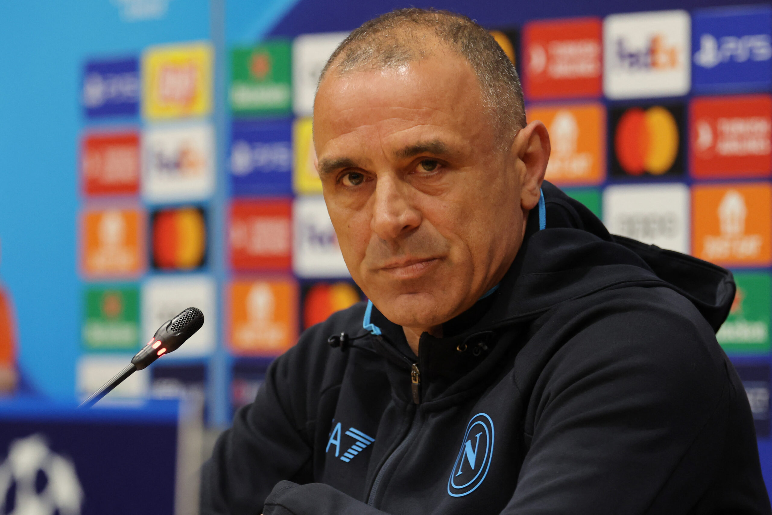 Napoli's Italian headcoach Francesco Calzona addresses a press conference on the eve of their UEFA Champions League last 16 second leg football match against FC Barcelona at the Estadi Olimpic Lluis Companys in Barcelona on March 11, 2024.