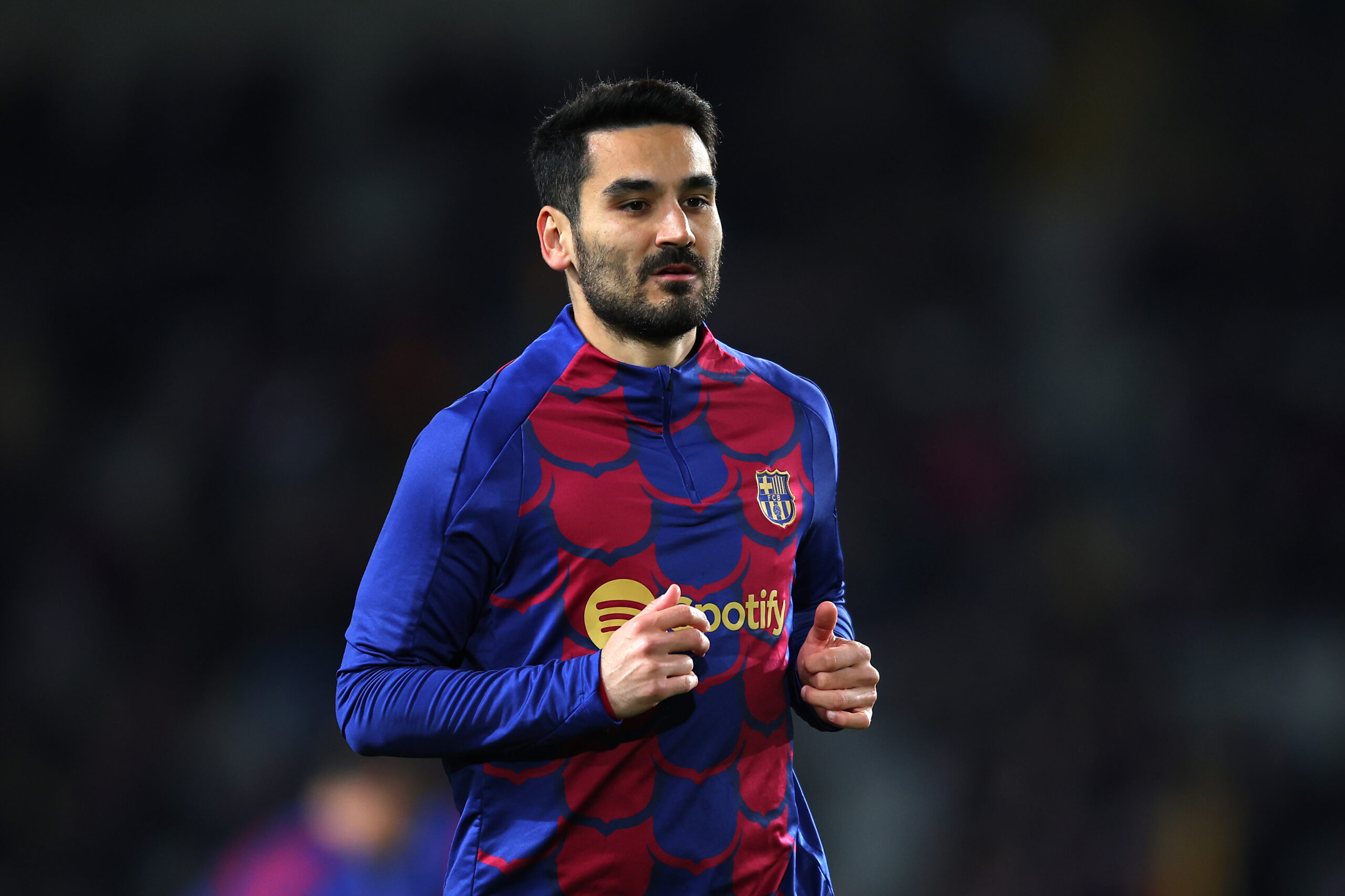 BARCELONA, SPAIN - MARCH 12: Ilkay Guendogan of FC Barcelona warms up prior to the UEFA Champions League 2023/24 round of 16 second leg match between FC Barcelona and SSC Napoli at Estadi Olimpic Lluis Companys on March 12, 2024 in Barcelona, Spain.