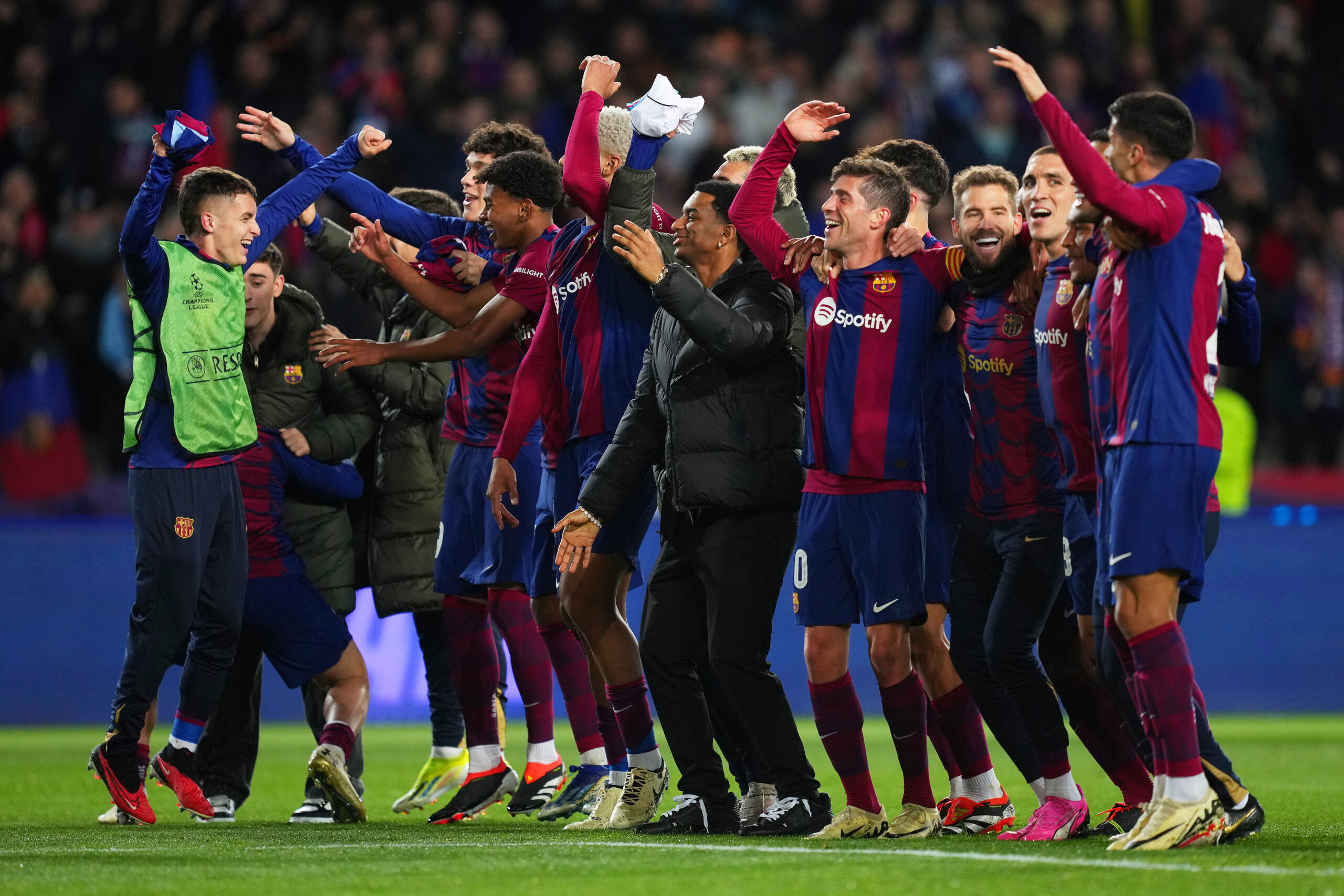 BARCELONA, SPAIN - MARCH 12: The players of FC Barcelona celebrate at full-time following the team's victory in the UEFA Champions League 2023/24 round of 16 second leg match between FC Barcelona and SSC Napoli at Estadi Olimpic Lluis Companys on March 12, 2024 in Barcelona, Spain.