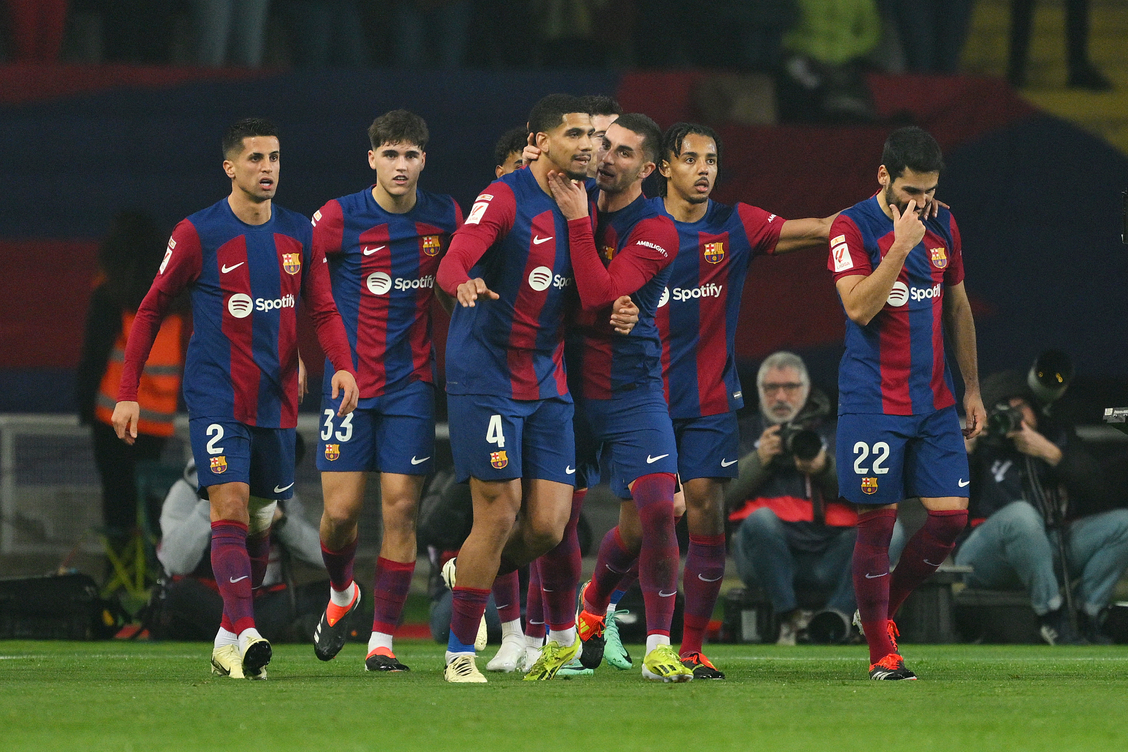 BARCELONA, SPAIN - JANUARY 27: The players of FC Barcelona celebrates as Eric Bailly of Villarreal CF (not pictured) scores an own-goal during the LaLiga EA Sports match between FC Barcelona and Villarreal CF at Estadi Olimpic Lluis Companys on January 27, 2024 in Barcelona, Spain.