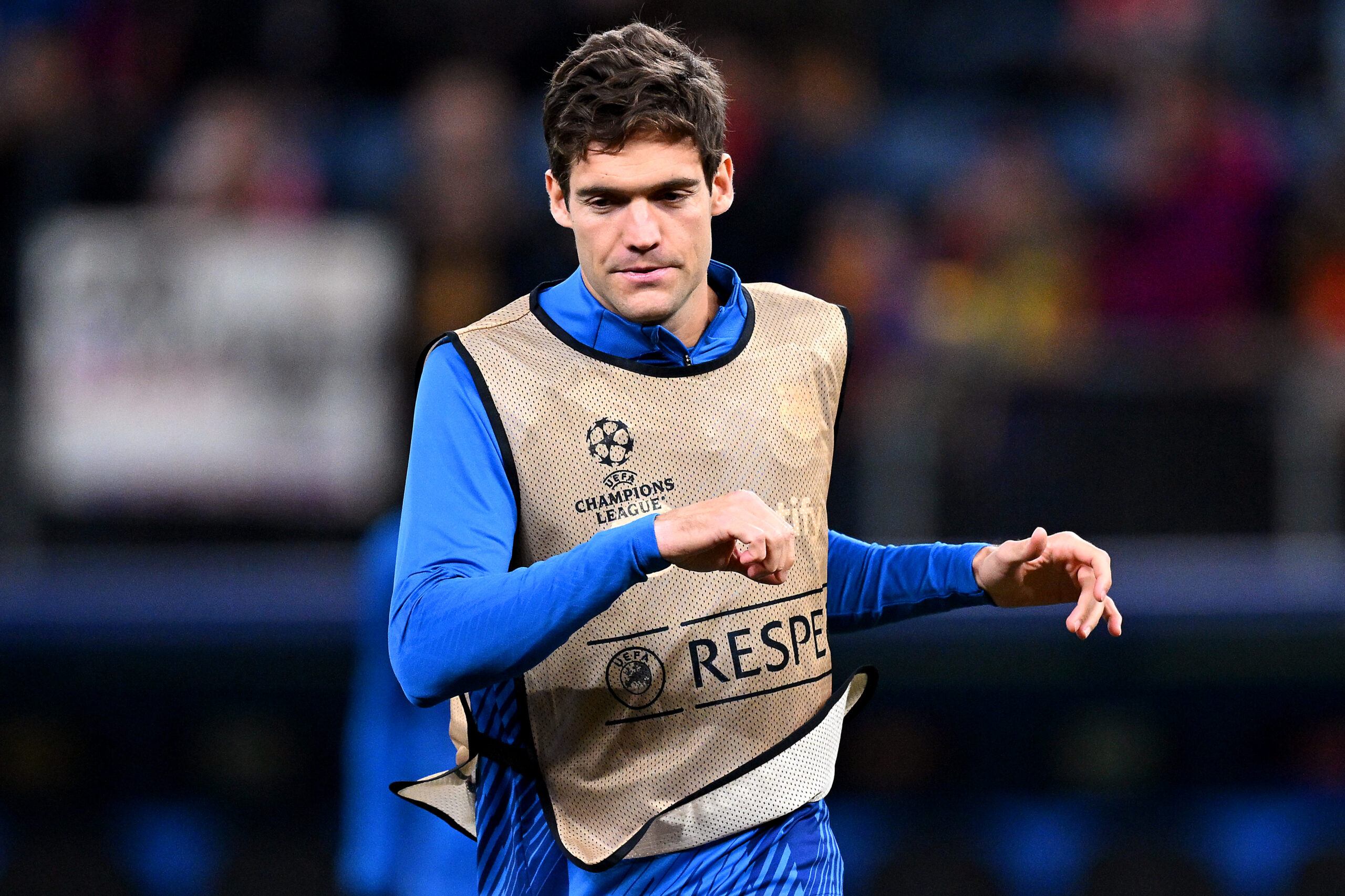 HAMBURG, GERMANY - NOVEMBER 07: Marcos Alonso of FC Barcelona warms up prior to the UEFA Champions League match between FC Shakhtar Donetsk and FC Barcelona at Volksparkstadion on November 07, 2023 in Hamburg, Germany.