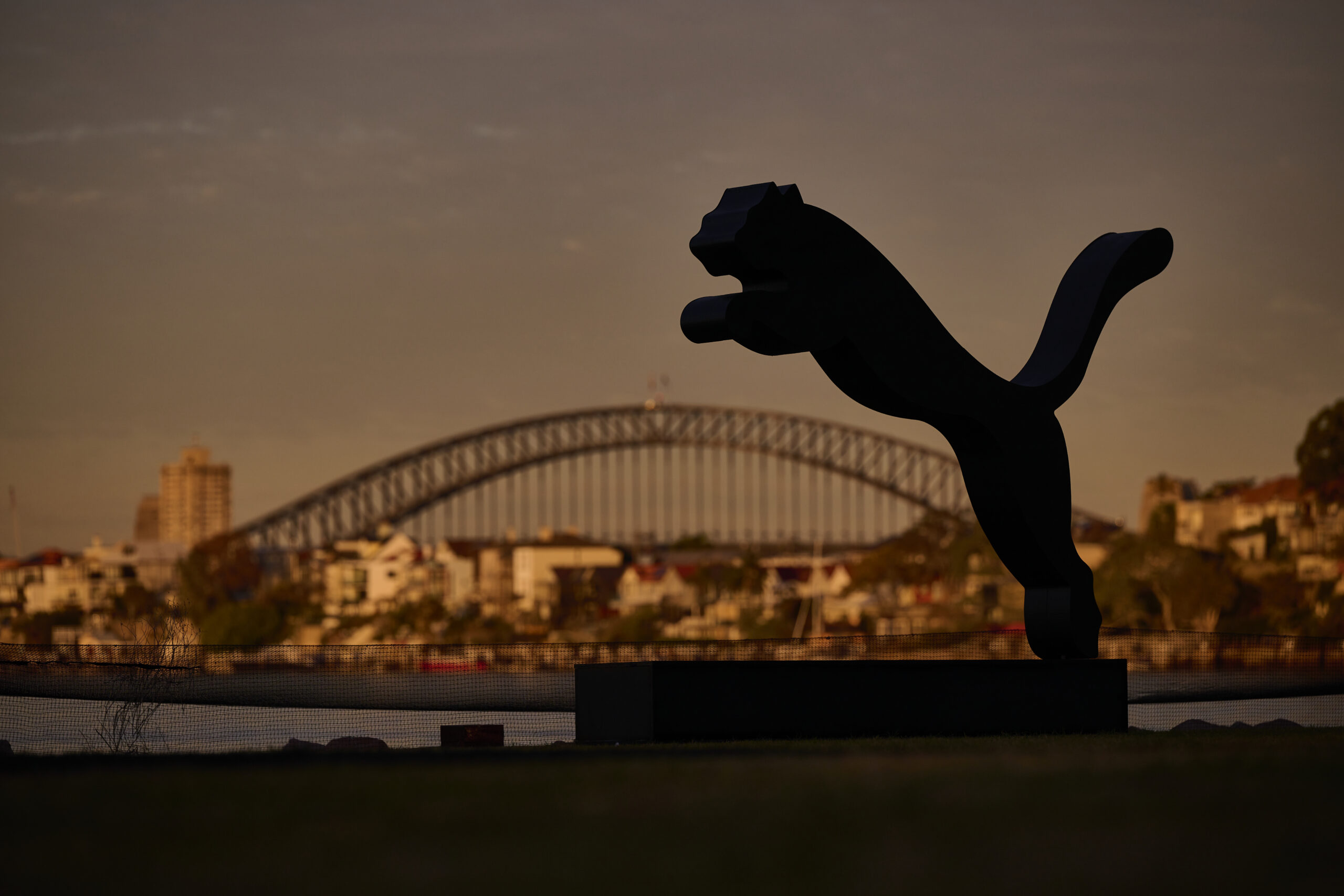 SYDNEY, AUSTRALIA - JULY 20: A detail view of the PUMA logo statue during a PUMA Island Showcase on Cockatoo Island on July 20, 2023 in Sydney, Australia.