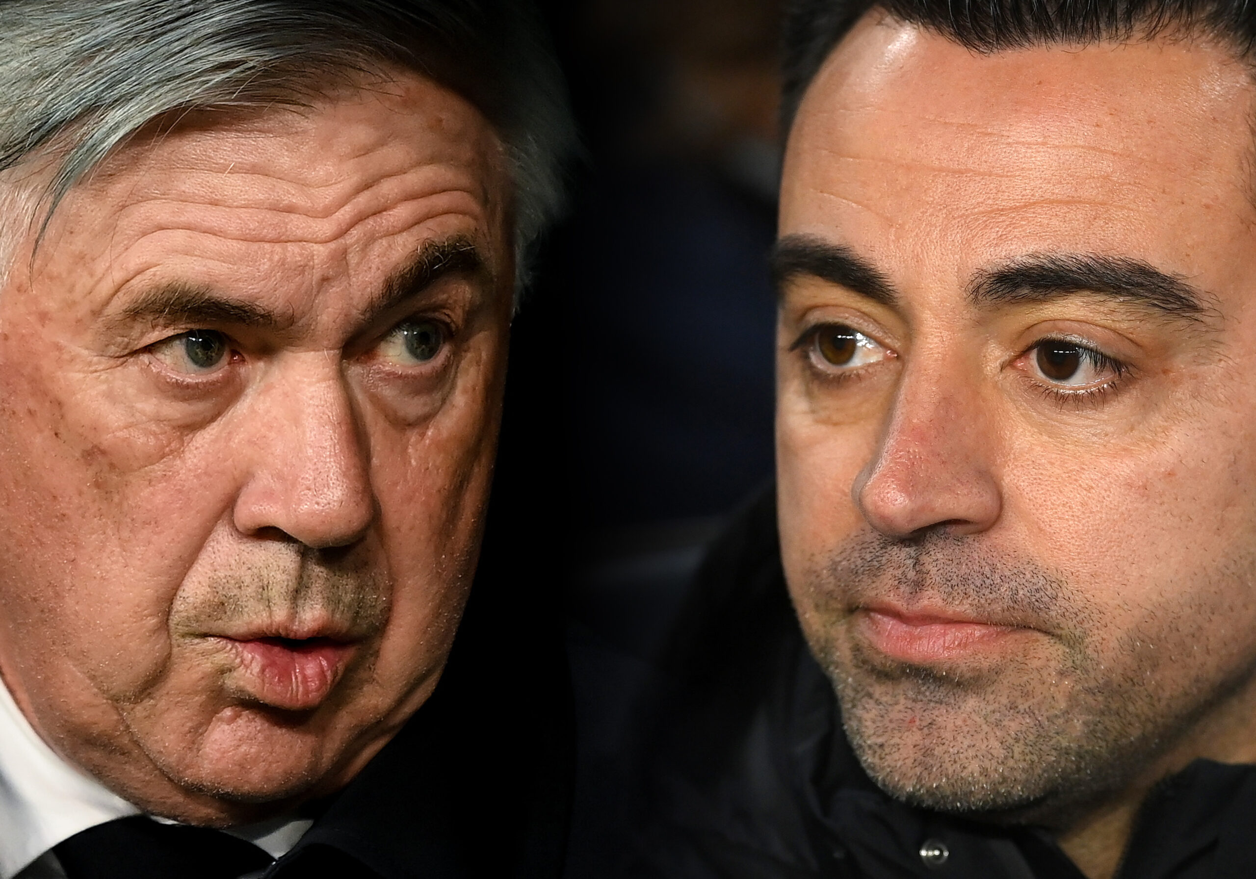 FILE PHOTO (EDITORS NOTE: COMPOSITE OF IMAGES - Image numbers 1395582751, 1389568842 - GRADIENT ADDED) In this composite image a comparison has been made between Head coach Carlo Ancelotti of Real Madrid CF (L) and Head coach Xavi Hernandez of FC Barcelona. Real Madrid and Barcelona meet in El Clásico at the Estadio Santiago Bernabeu on October 16,2022 in Madrid, Spain. ***LEFT IMAGE*** MADRID, SPAIN - MAY 04: Head coach Carlo Ancelotti of Real Madrid CF looks on during the UEFA Champions League Semi Final Leg Two match between Real Madrid and Manchester City at Estadio Santiago Bernabeu on May 04, 2022 in Madrid, Spain. (Photo by David Ramos/Getty Images) ***RIGHT IMAGE*** BARCELONA, SPAIN - APRIL 03: Head coach Xavi Hernandez of FC Barcelona looks on during the LaLiga Santander match between FC Barcelona and Sevilla FC at Camp Nou on April 03, 2022 in Barcelona, Spain.