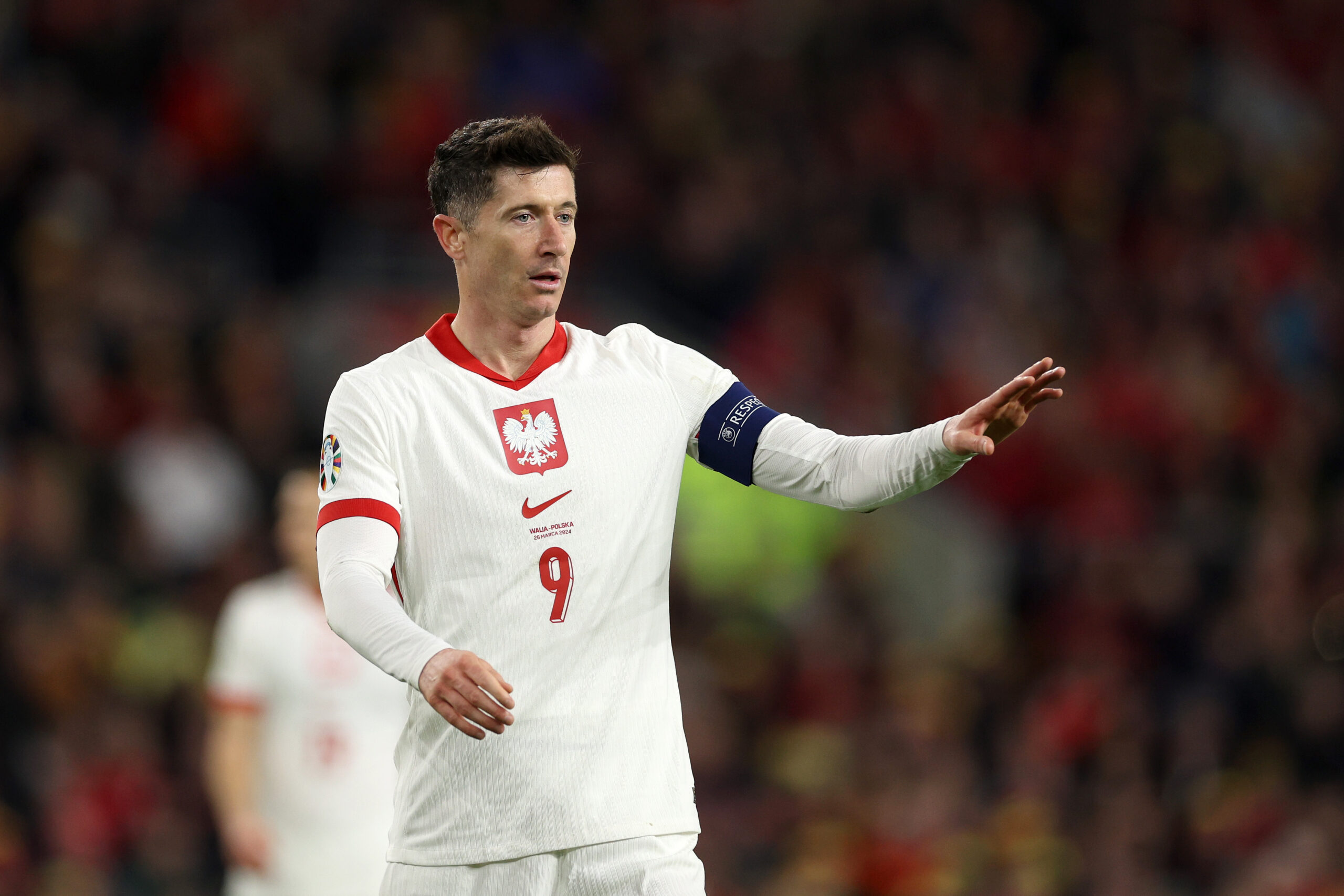 CARDIFF, WALES - MARCH 26: Robert Lewandowski of Poland in action during the UEFA EURO 2024 Play-Offs semifinal match between Wales and Poland/Estonia at Cardiff City Stadium on March 26, 2024 in Cardiff, Wales.