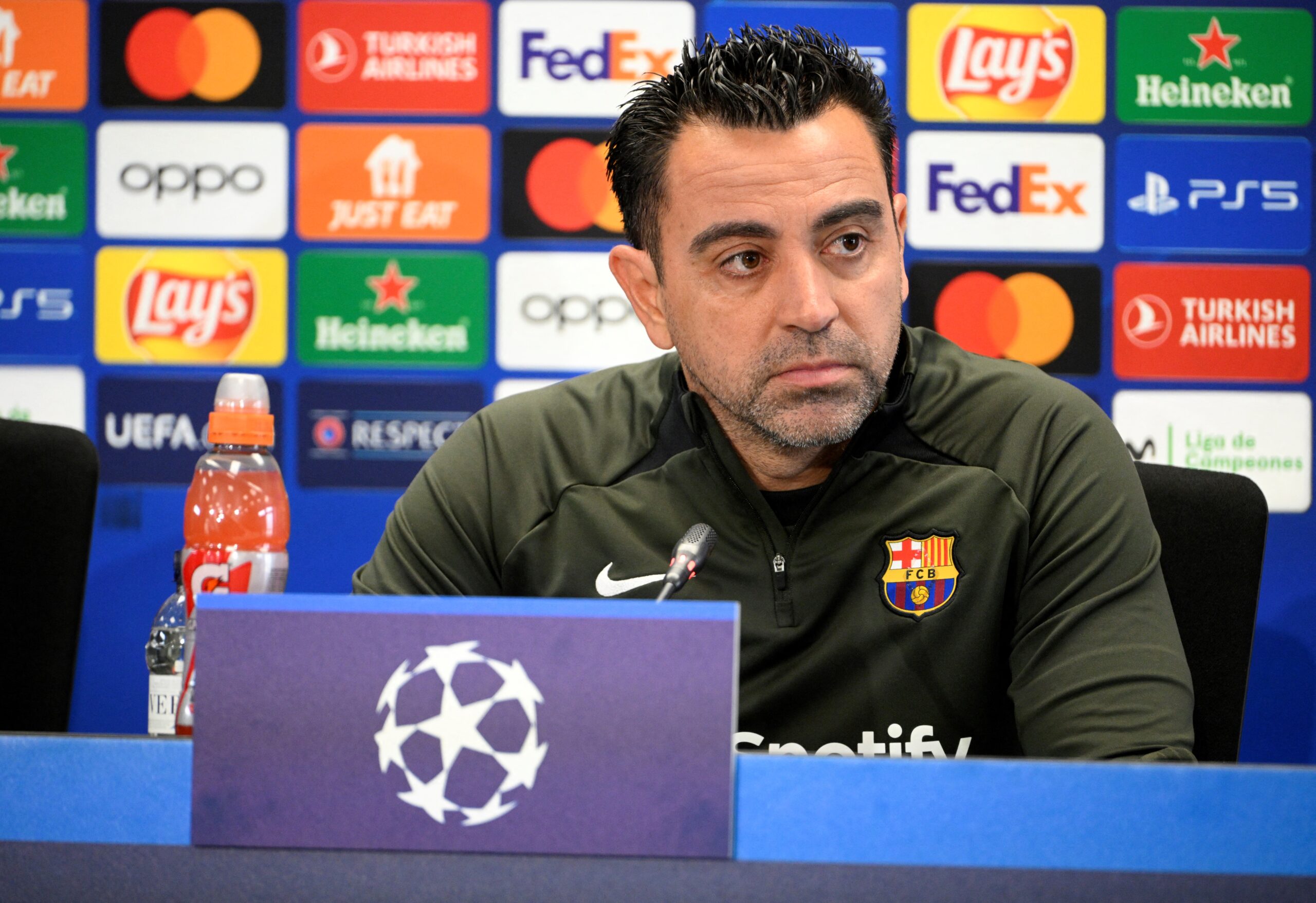 Barcelona's Spanish coach Xavi gives a press conference on the eve of their UEFA Champions League quarter-final second leg football match against Paris SG at the training center in Barcelona on April 15, 2024.