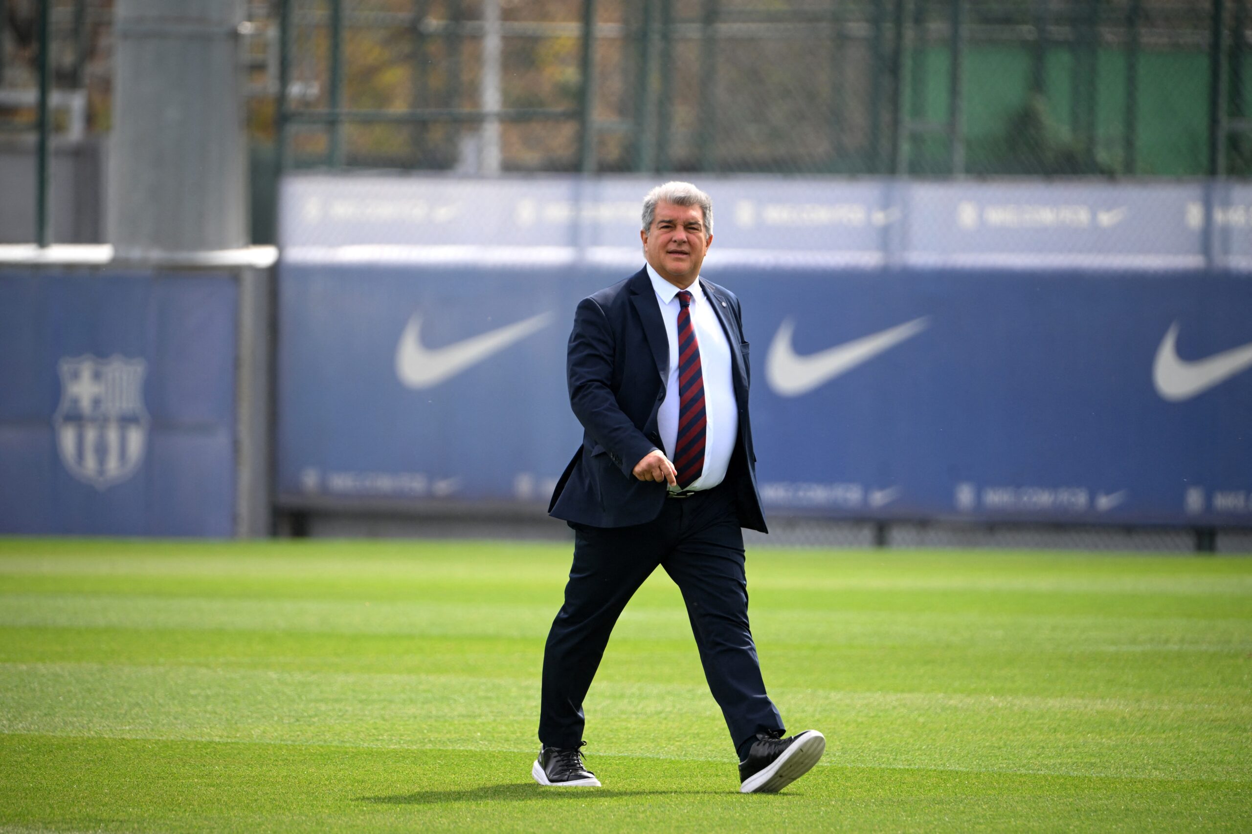 Barcelona's president Joan Laporta arrives to a training session on the eve of their UEFA Champions League quarter-final second leg football match against Paris SG at the training center in Barcelona on April 15, 2024.