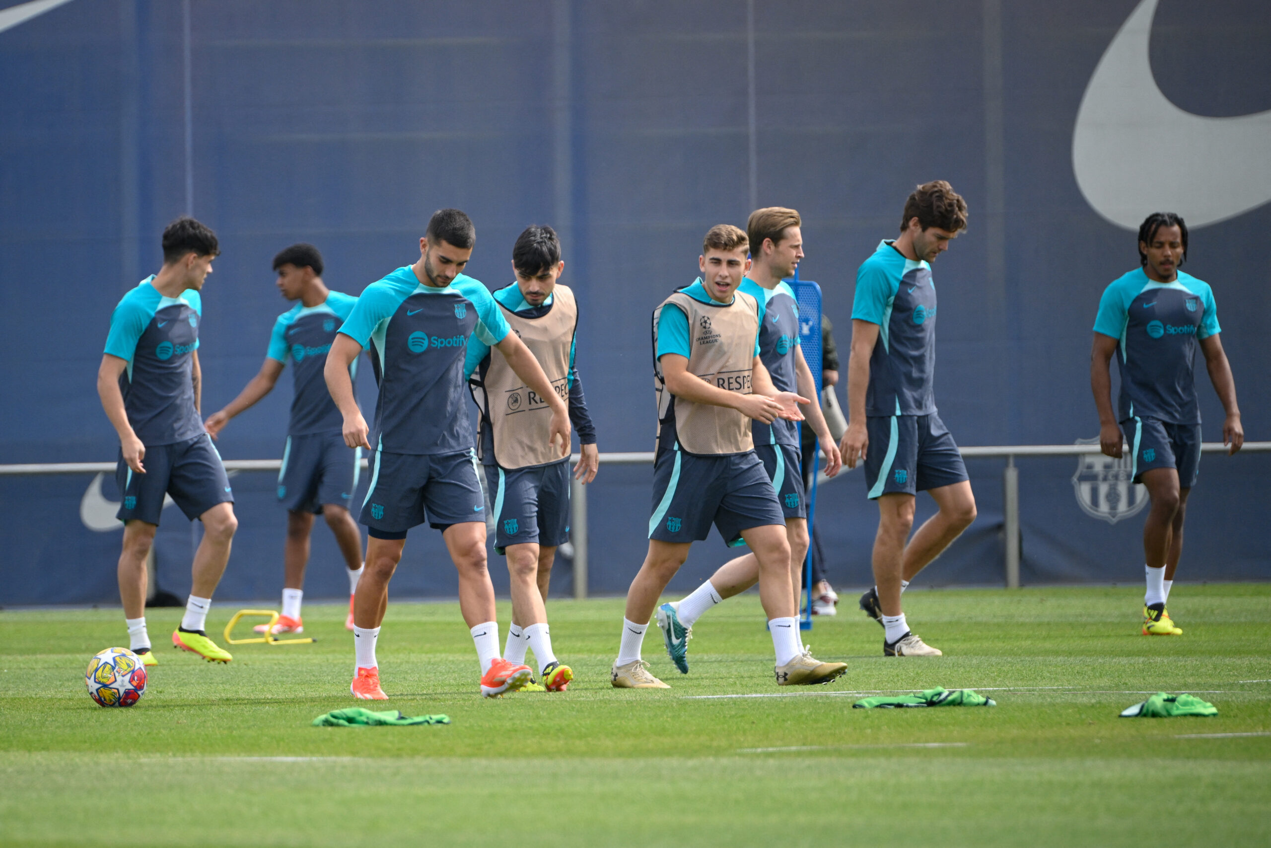 Barcelona's players attend a training session on the eve of their UEFA Champions League quarter-final second leg football match against Paris SG at the training center in Barcelona on April 15, 2024.