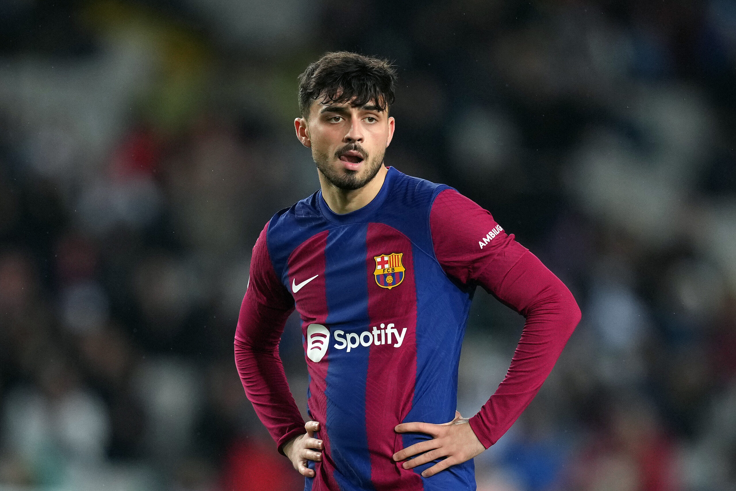 BARCELONA, SPAIN - APRIL 29: Pedri of FC Barcelona looks on during the LaLiga EA Sports match between FC Barcelona and Valencia CF at Estadi Olimpic Lluis Companys on April 29, 2024 in Barcelona, Spain.