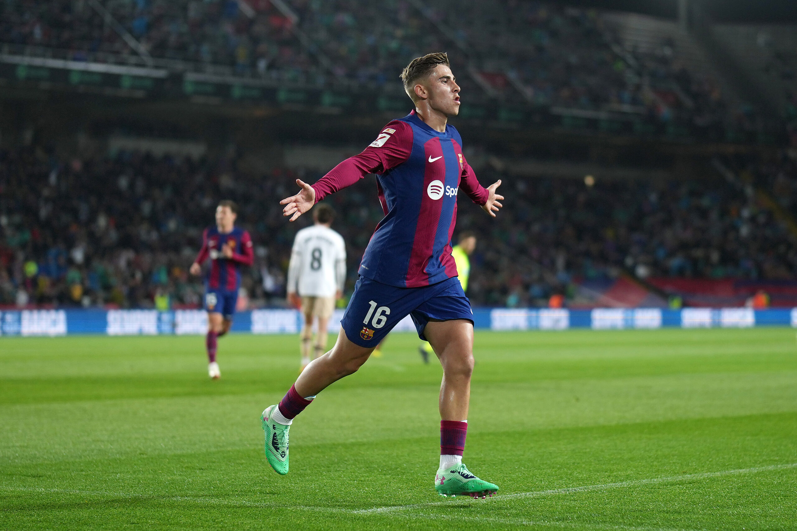 BARCELONA, SPAIN - APRIL 29: Fermin Lopez of FC Barcelona celebrates scoring his team's first goal during the LaLiga EA Sports match between FC Barcelona and Valencia CF at Estadi Olimpic Lluis Companys on April 29, 2024 in Barcelona, Spain.