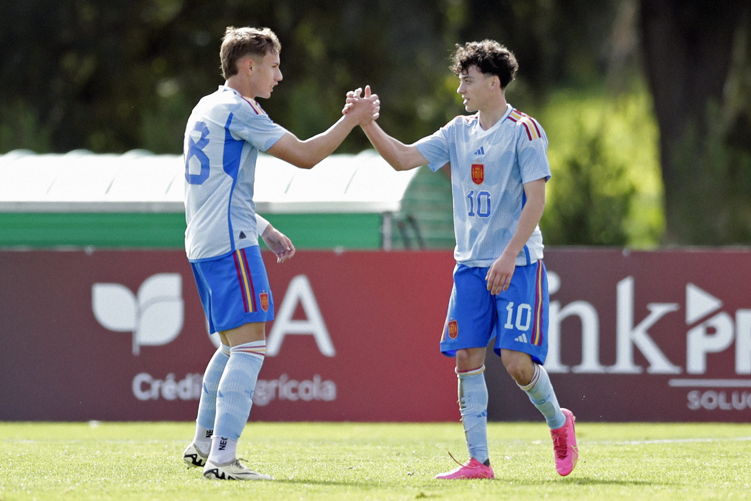 ALBUFEIRA, PORTUGAL - FEBRUARY 10: goal celebration for U17 Spain scored by Paulo Iago (R) for 0-1 with Adrian Arnuncio (L) during the Germany U17 v Spain U17 - Four Nations Tournament match on February 10, 2024 in Albufeira, Portugal.