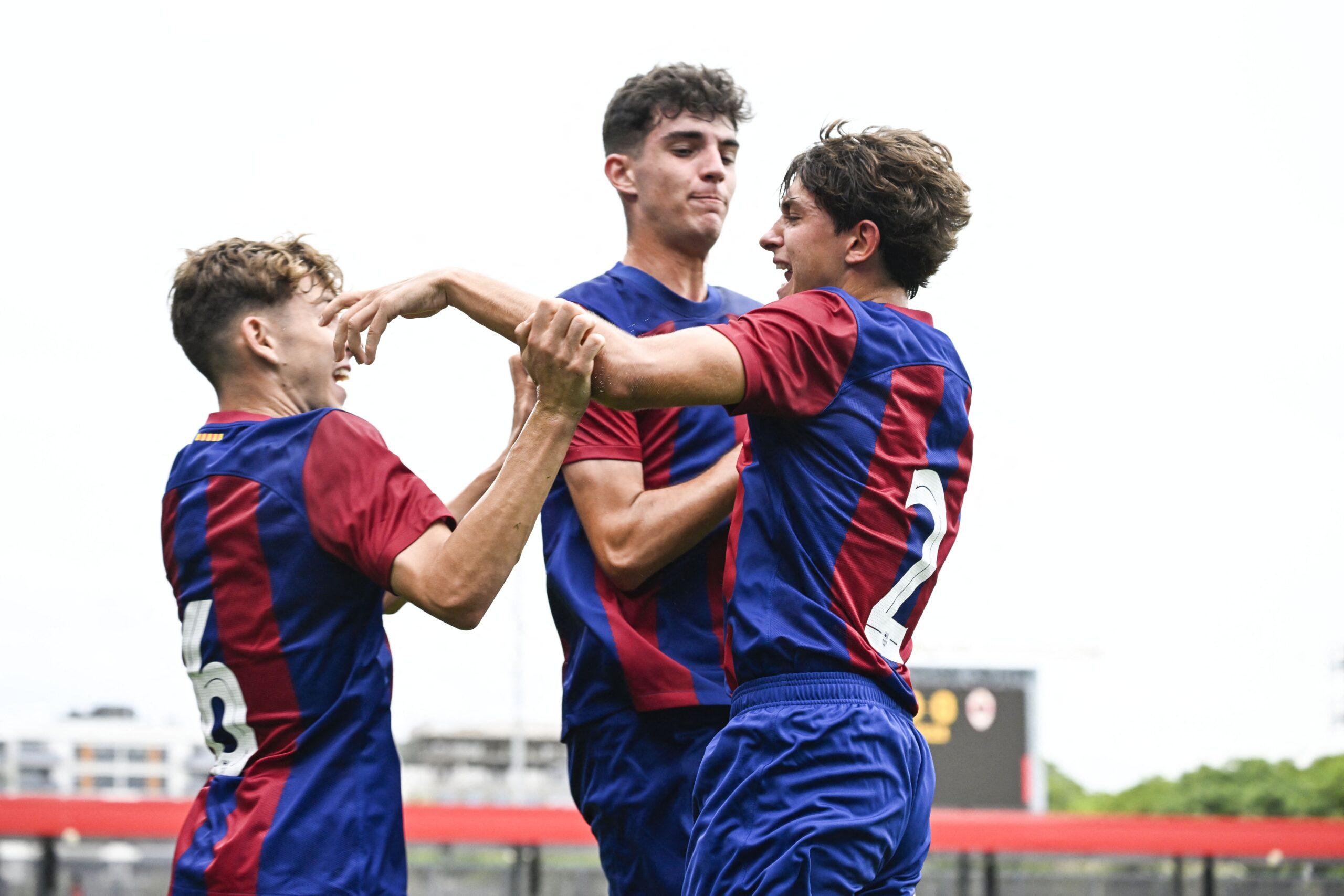 Barcelona's Alexis Olmedo celebrates after scoring during a soccer game between Spanish FC Barcelona and Belgian Royal Antwerp FC, on Tuesday 19 September 2023 in Barcelona, Spain, on day 1 of the UEFA Youth League competition.