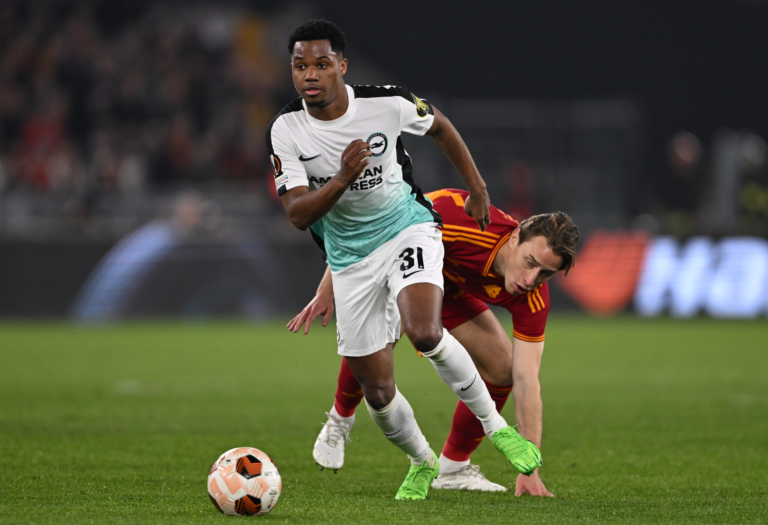 ROME, ITALY - MARCH 07: Ansu Fati of Brighton in action during the UEFA Europa League 2023/24 round of 16 first leg match between AS Roma and Brighton & Hove Albion at Stadio Olimpico on March 07, 2024 in Rome, Italy.