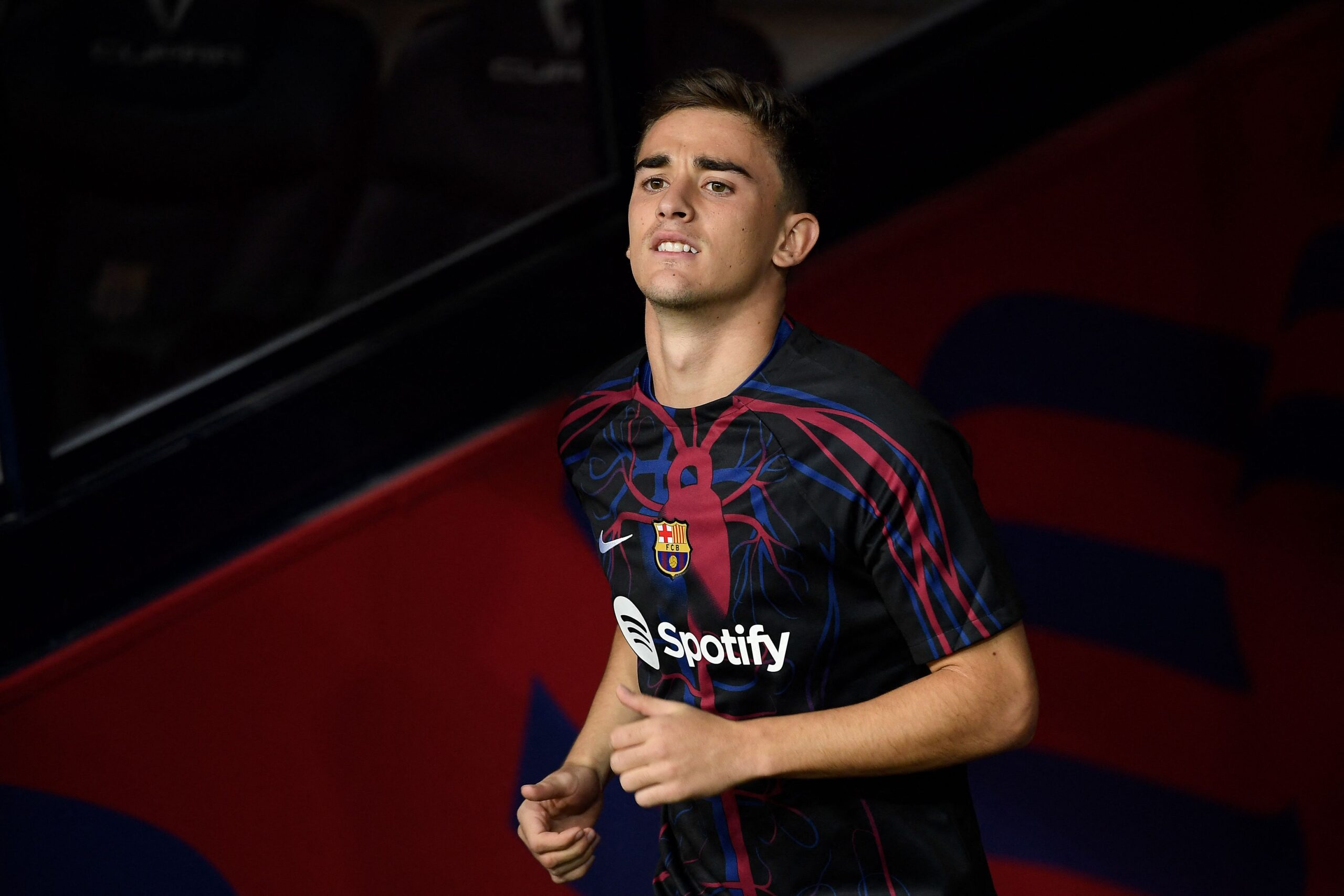 Barcelona's Spanish midfielder #06 Gavi arrives before the start of the Spanish league football match between FC Barcelona and Athletic Club Bilbao at the Estadi Olimpic Lluis Companys in Barcelona on October 22, 2023.